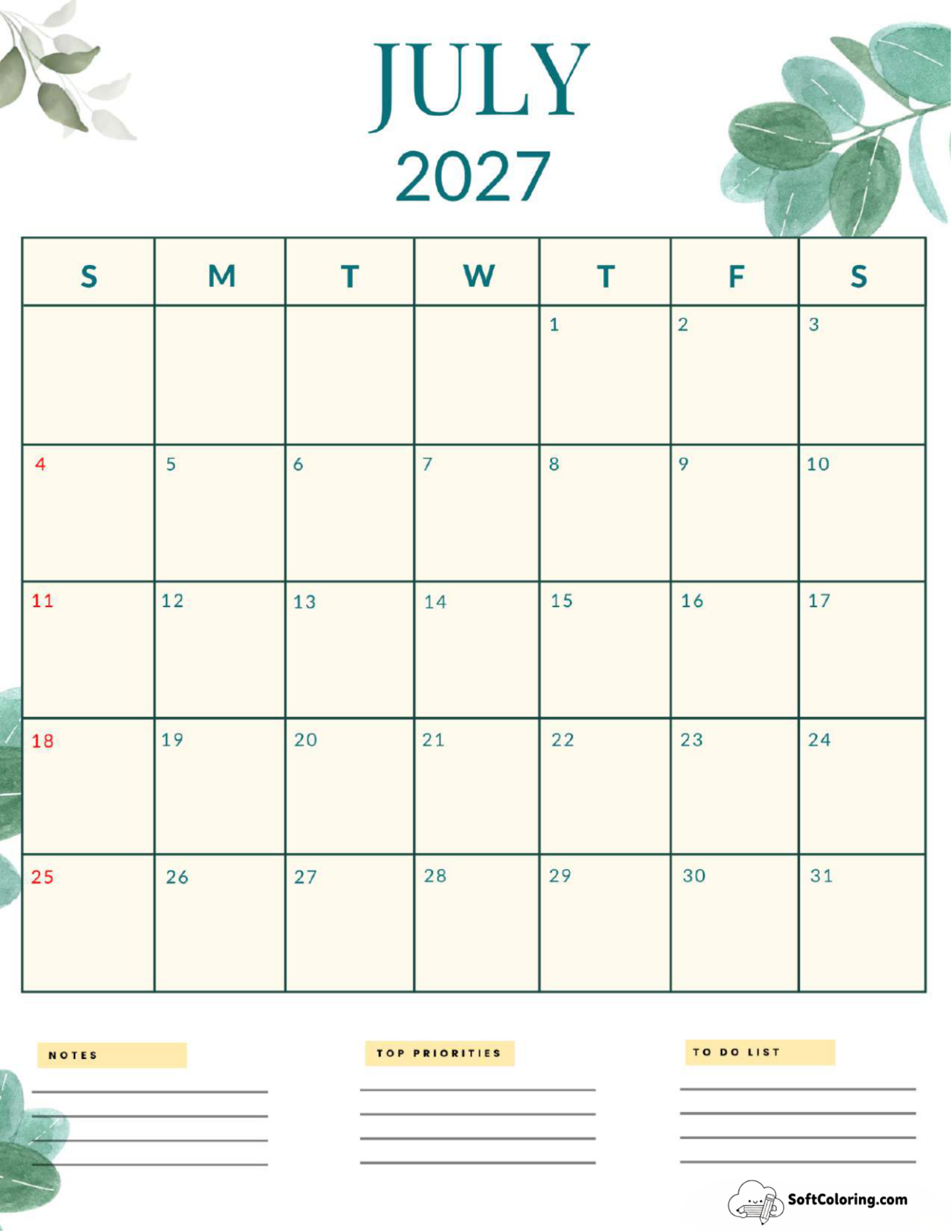 July 2027 Calendar Printable Nature Portrait 2