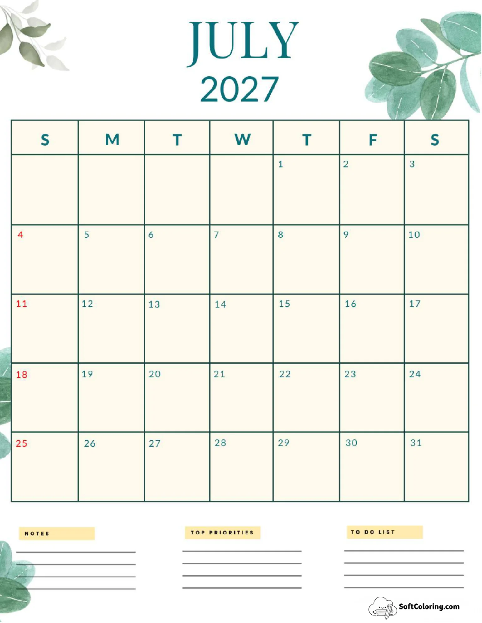 July 2027 Calendar Printable Nature Portrait 2