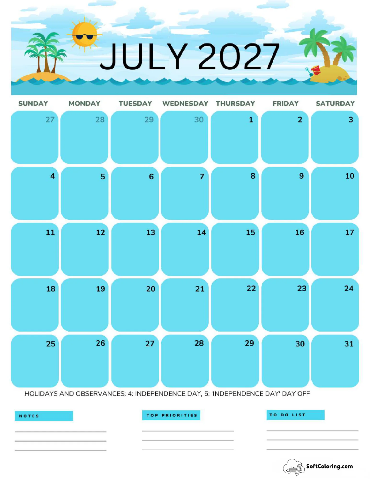 July 2027 Calendar Printable Ocean Portrait