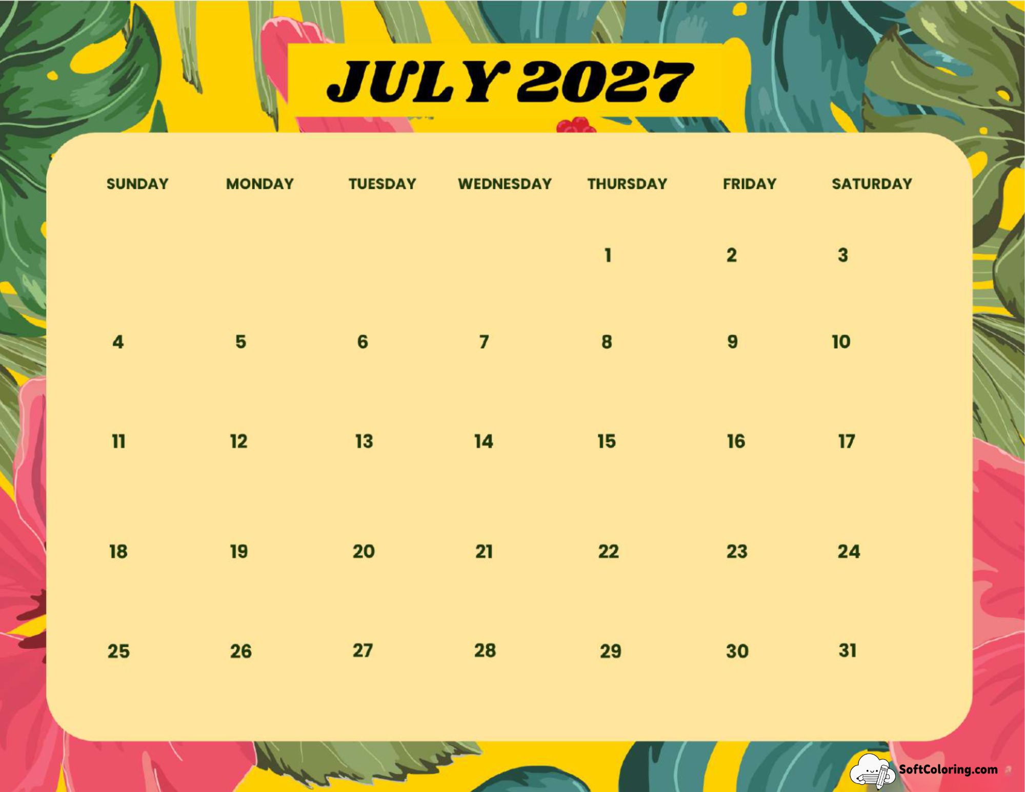 July 2027 Calendar Printable Summer Landscape