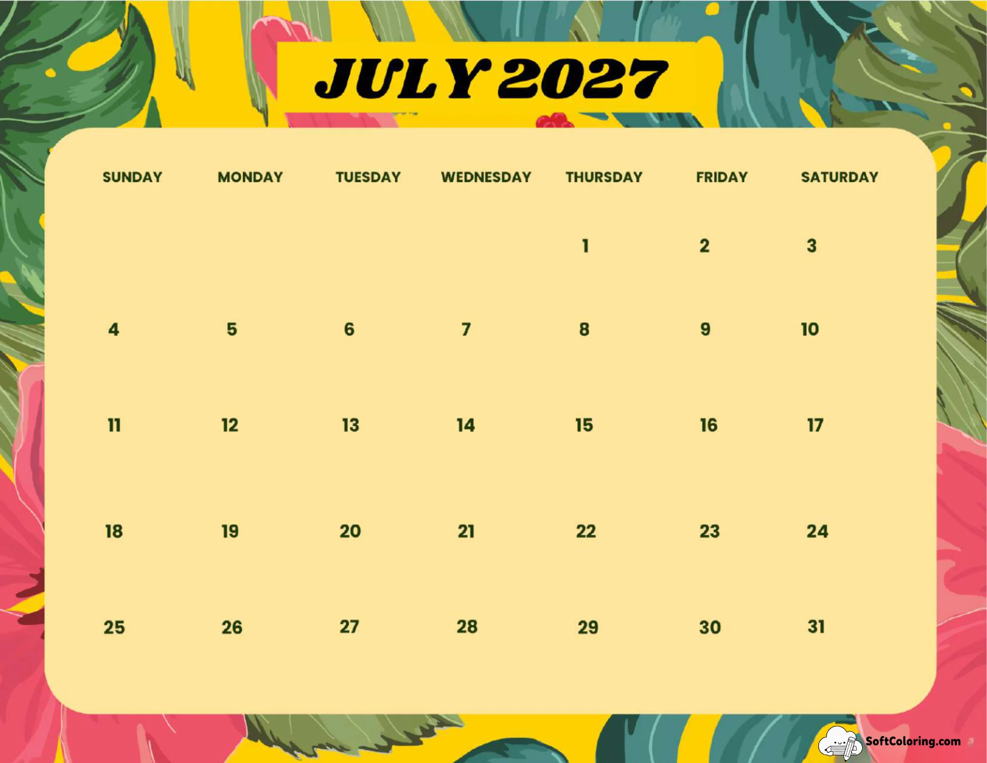 July 2027 Calendar Printable Summer Landscape