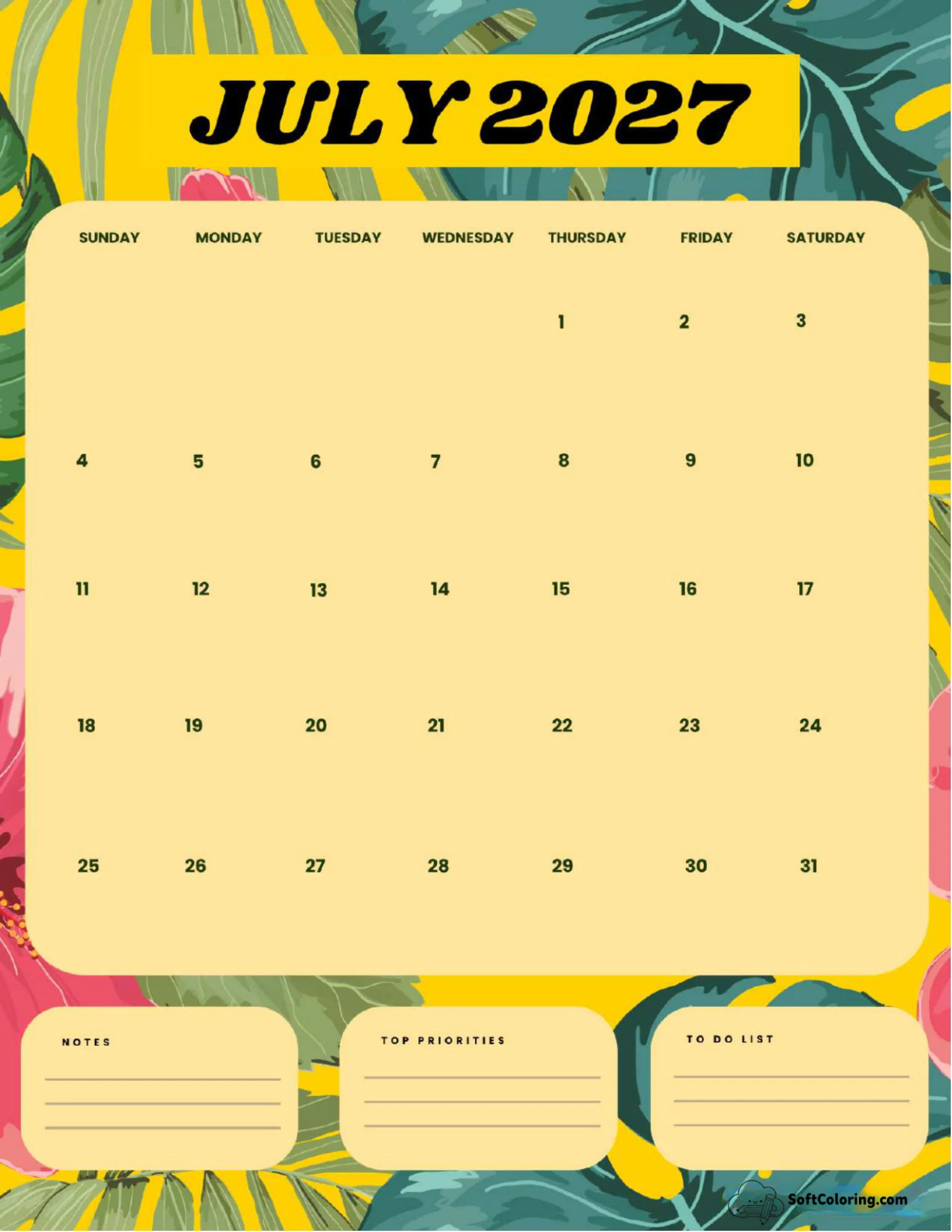 July 2027 Calendar Printable Summer Portrait