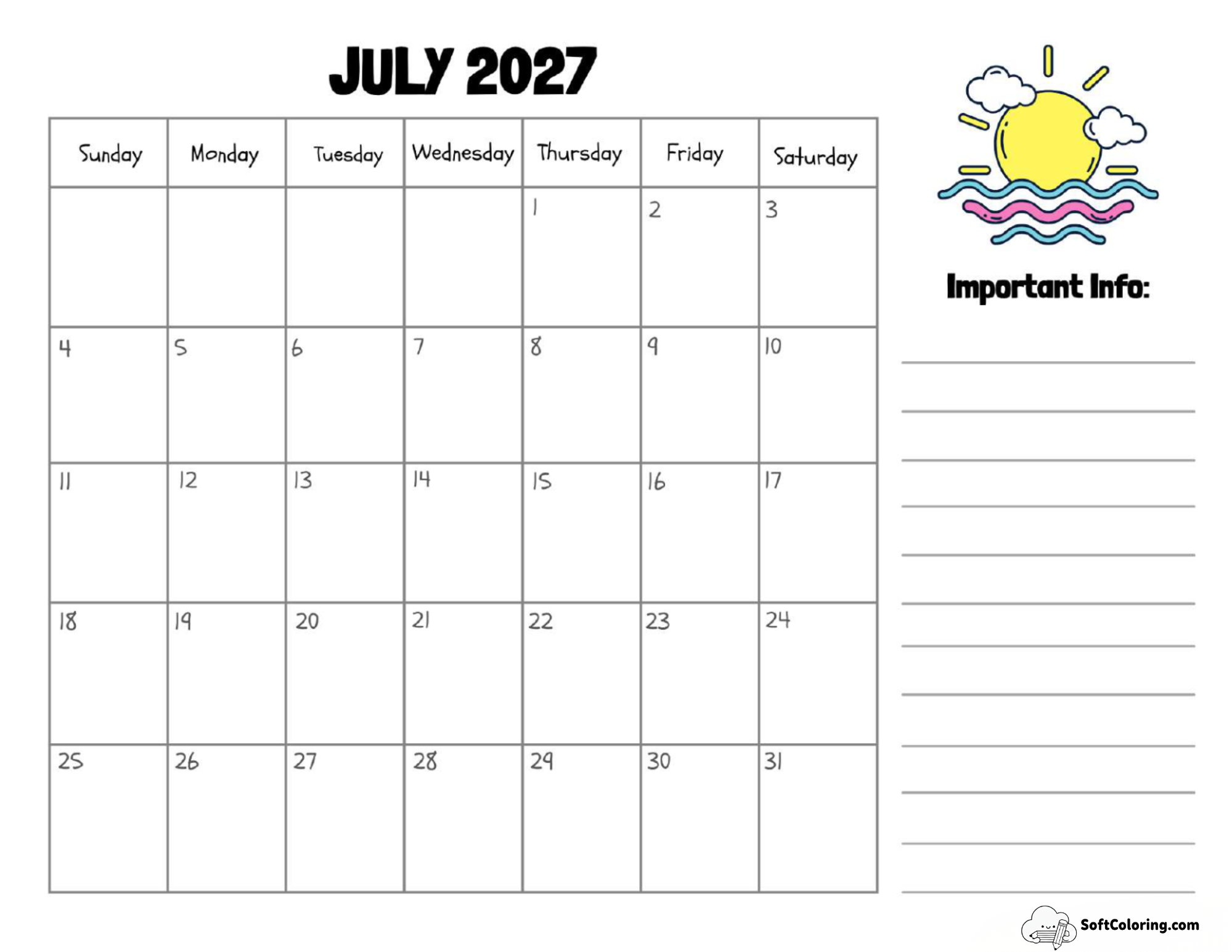 July 2027 Calendar Printable Sun Landscape