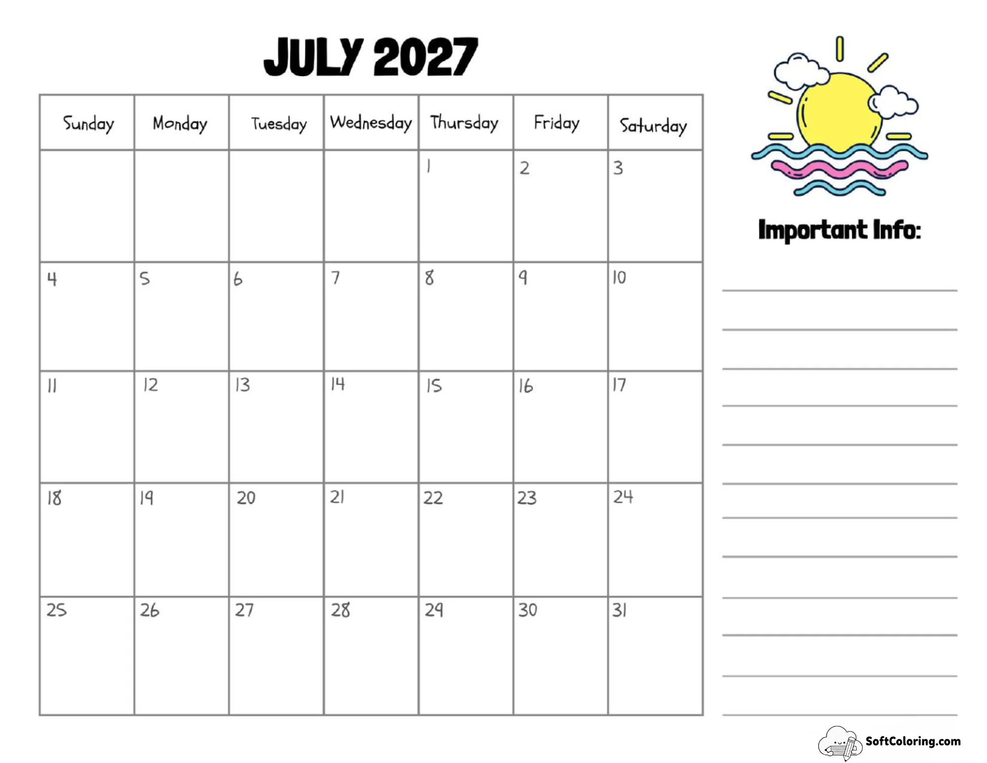 July 2027 Calendar Printable Sun Landscape