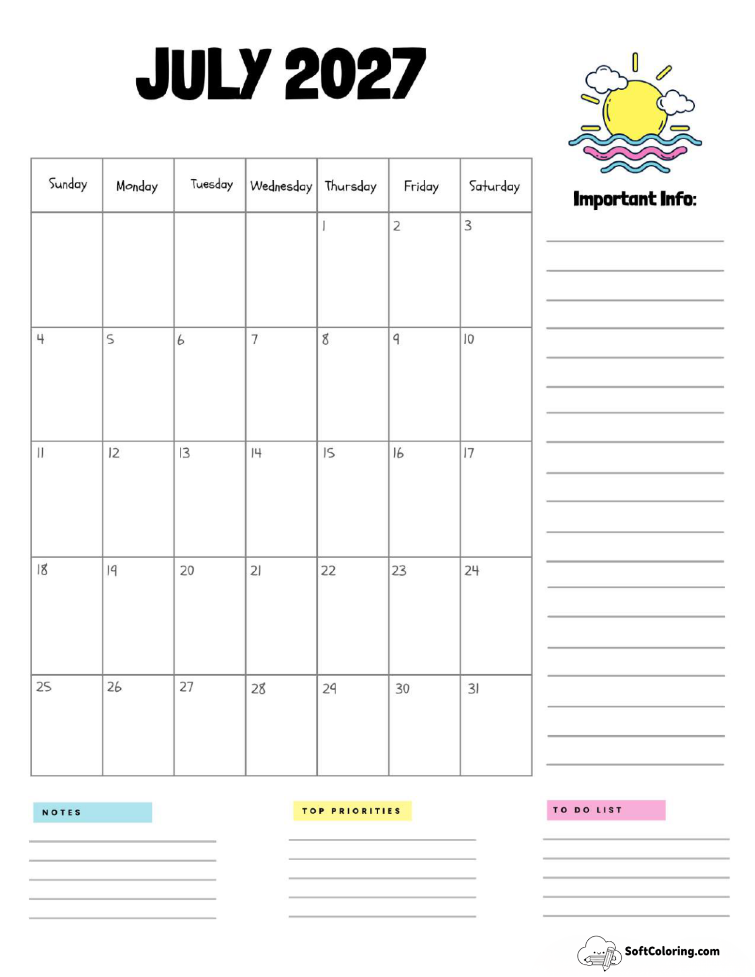 July 2027 Calendar Printable Sun Portrait