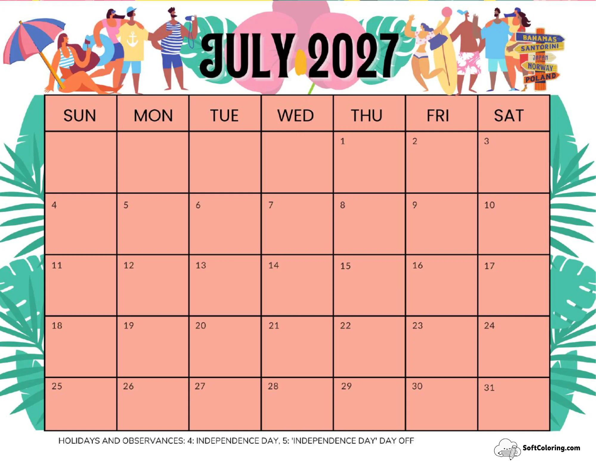 July 2027 Calendar Printable Swimming Landscape