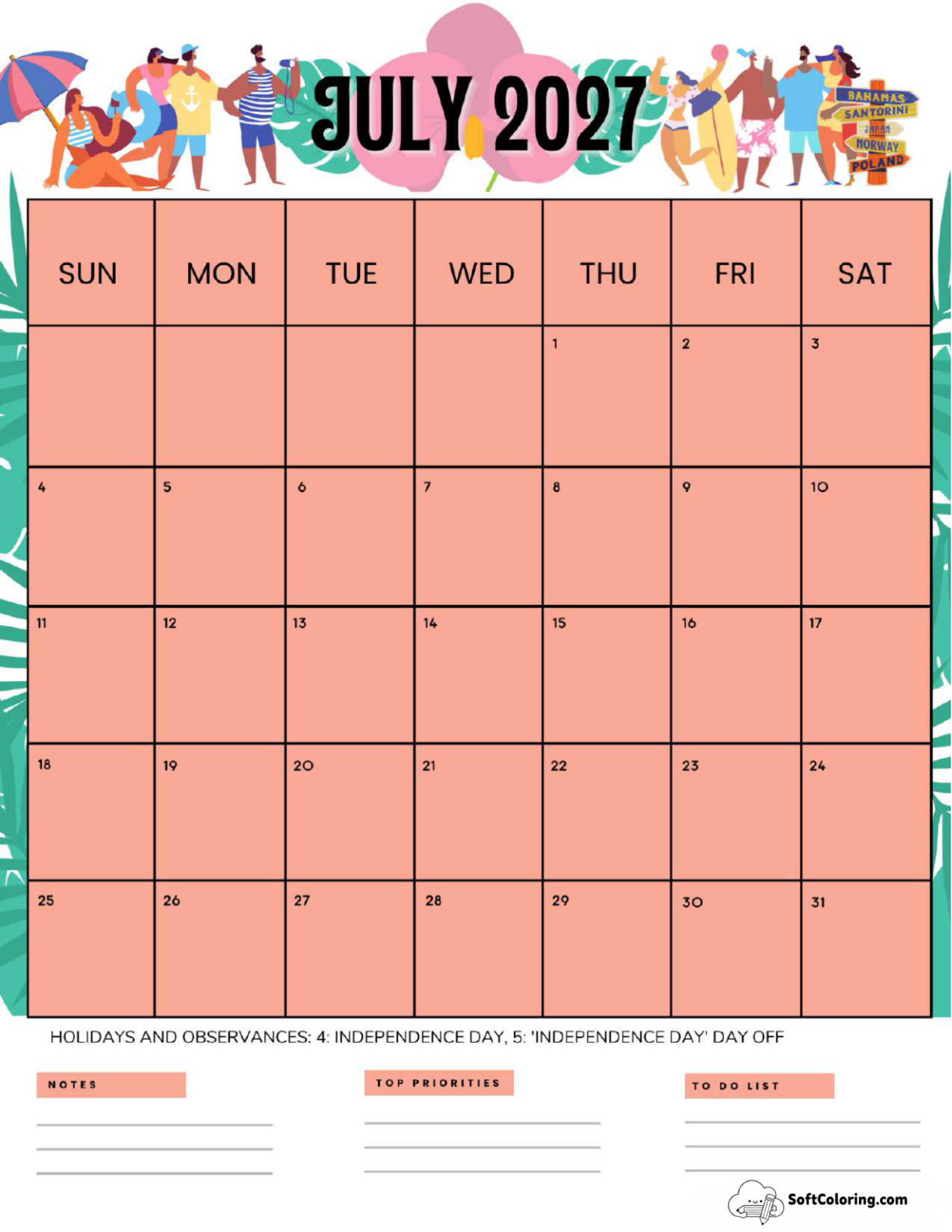 July 2027 Calendar Printable Swimming Portrait