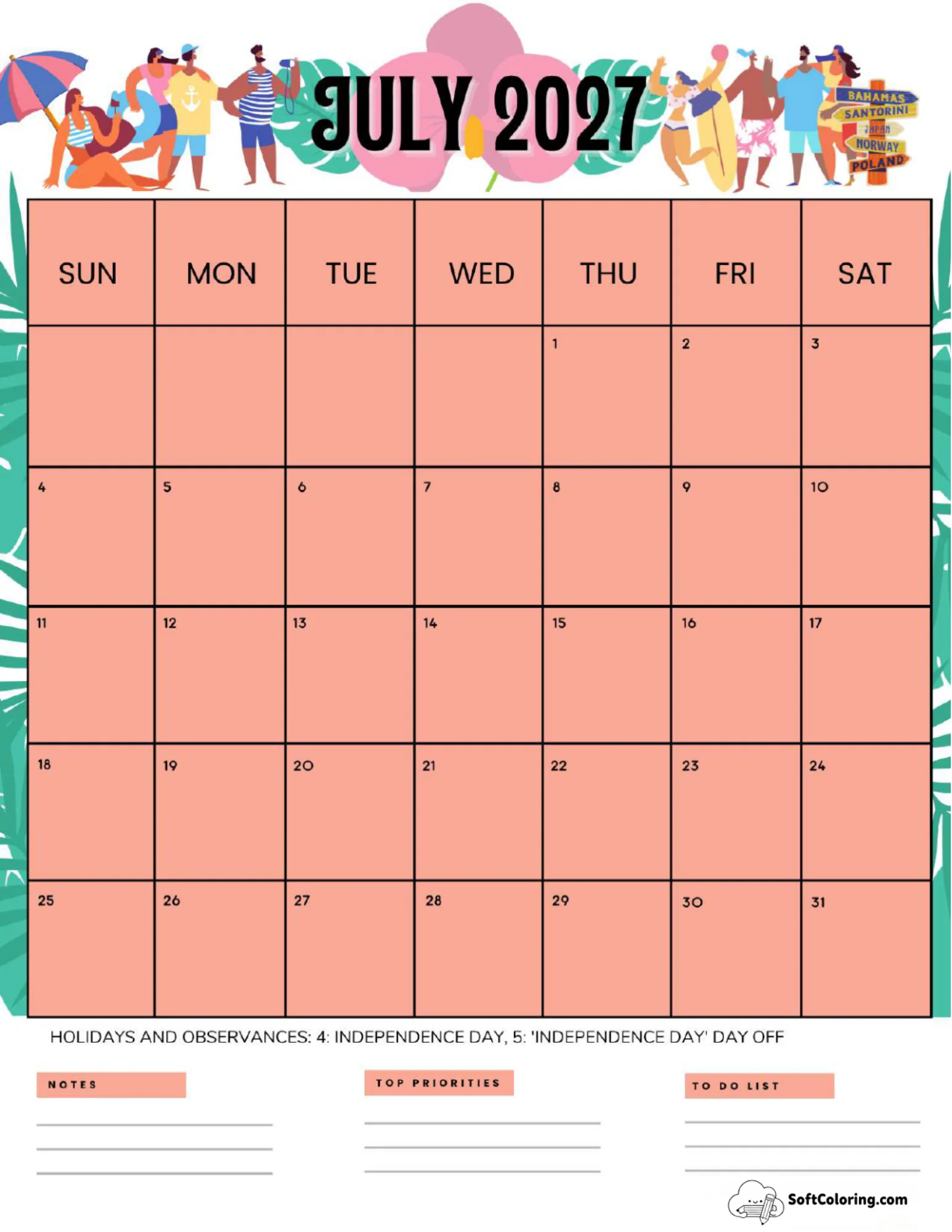 July 2027 Calendar Printable Swimming Portrait