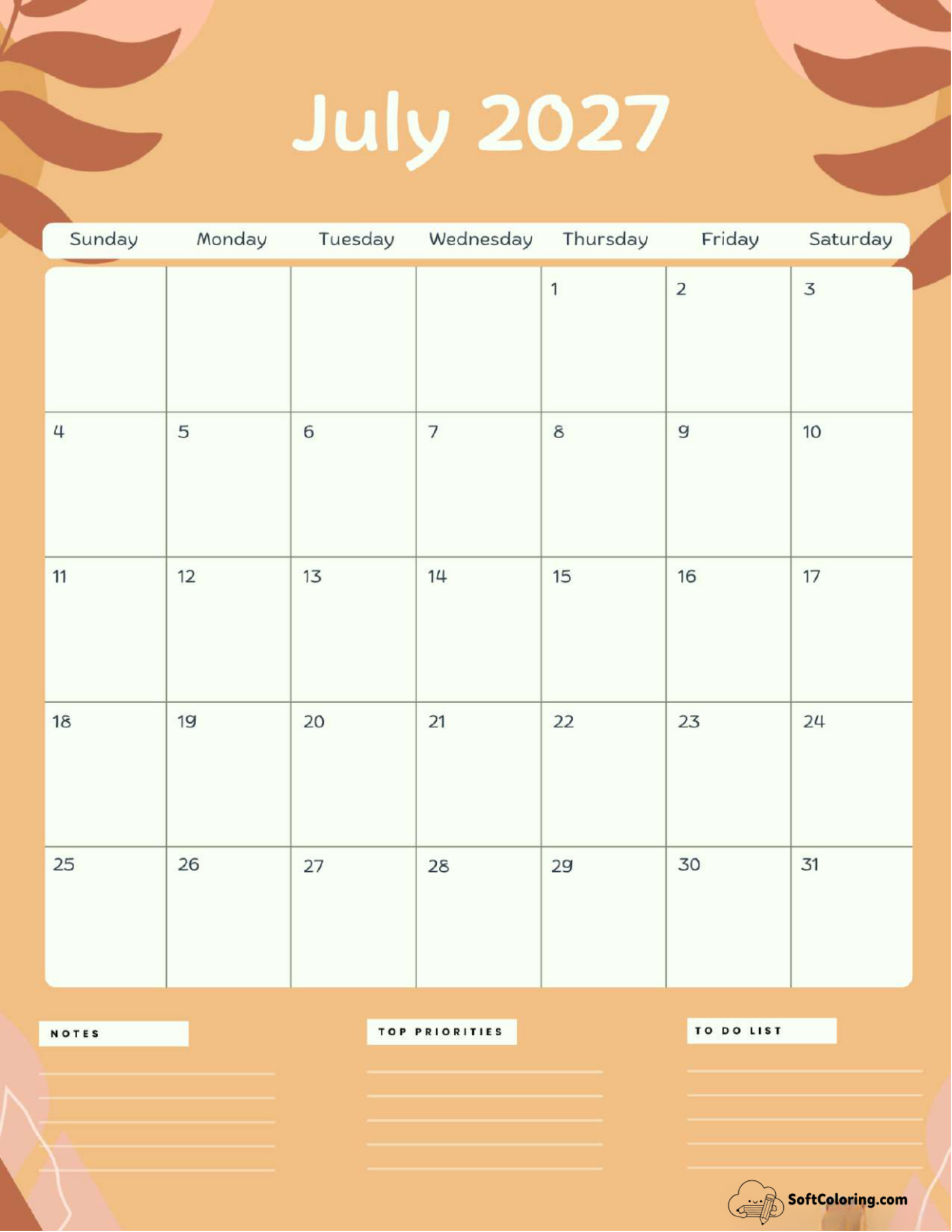 July 2027 Calendar Printable Terracotta Portrait