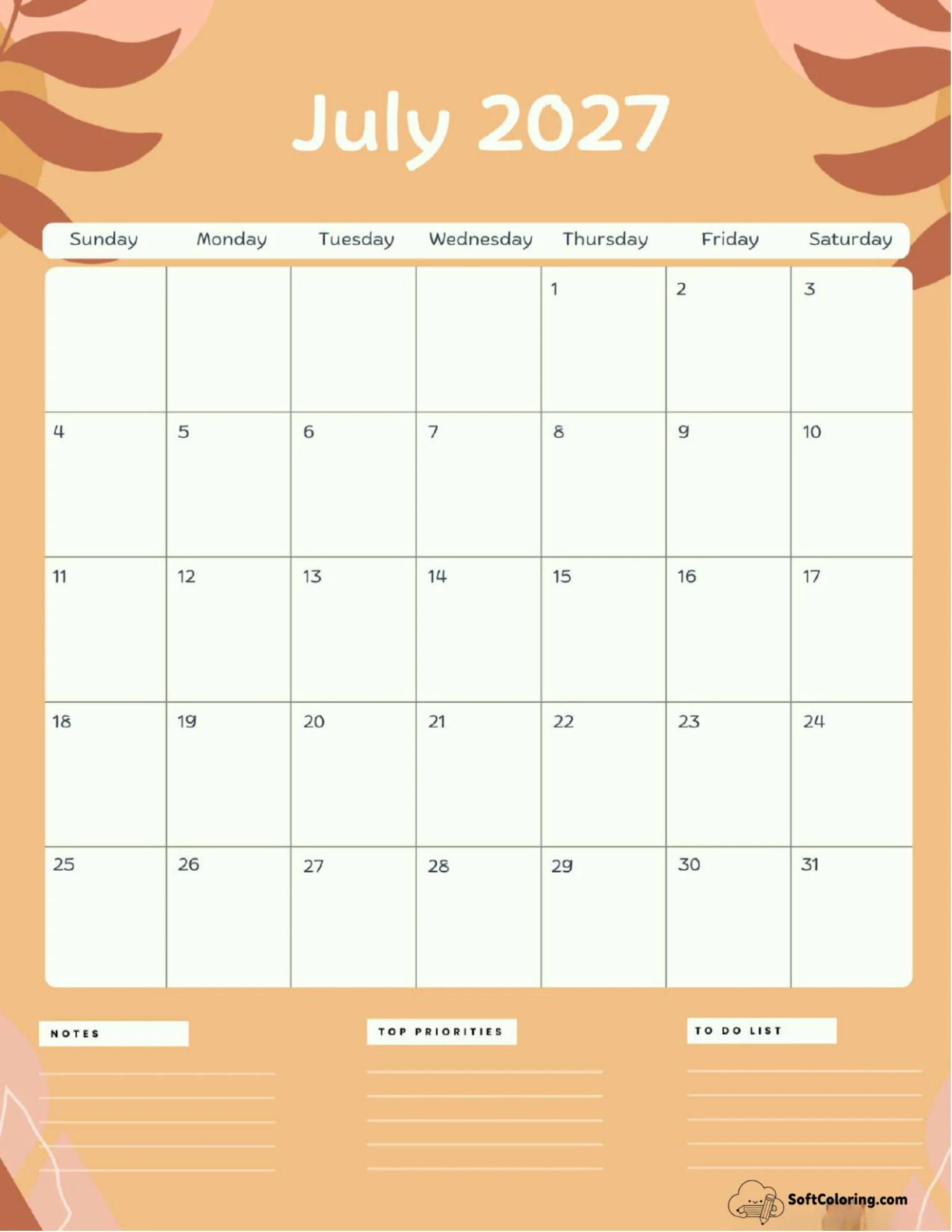 July 2027 Calendar Printable Terracotta Portrait
