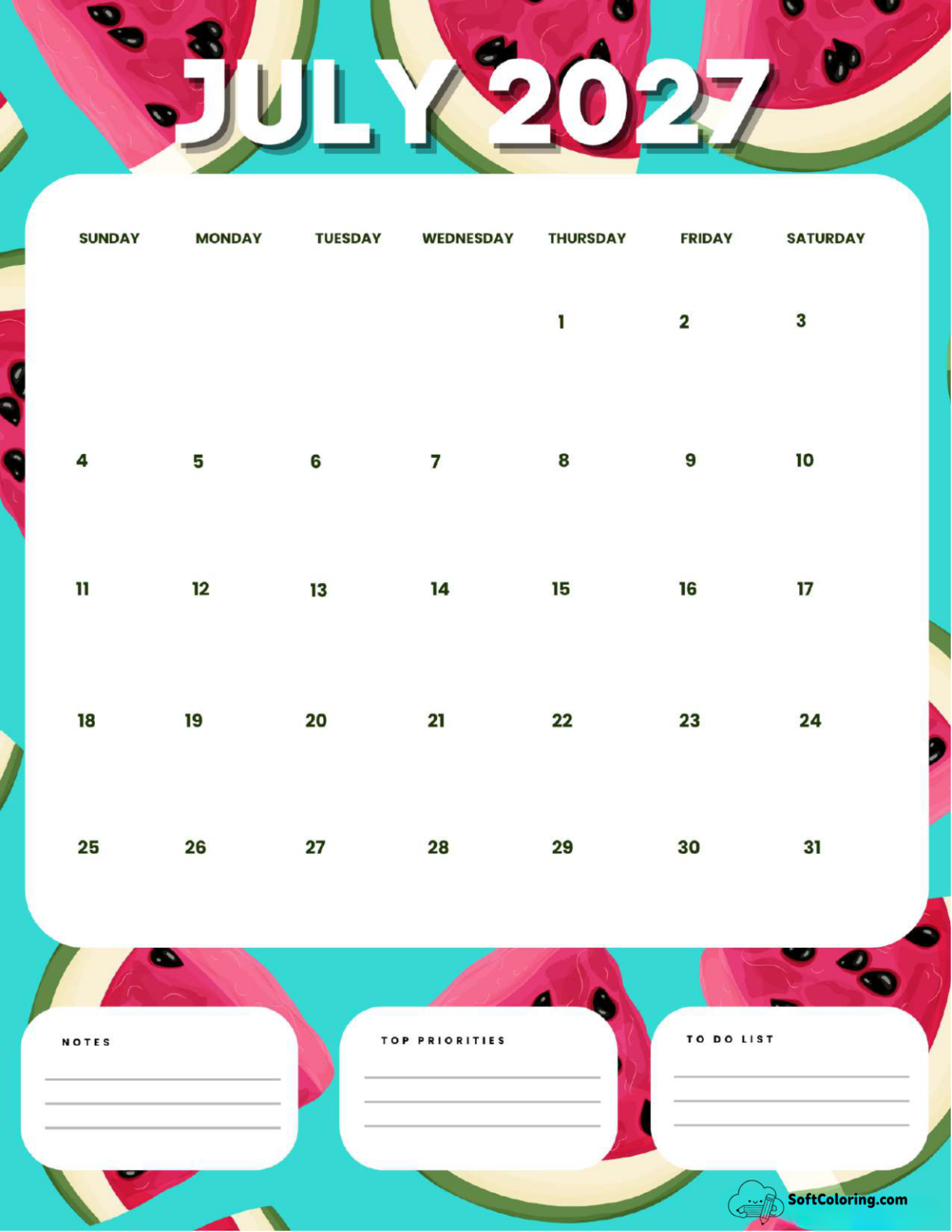 July 2027 Calendar Printable Watermelon Portrait