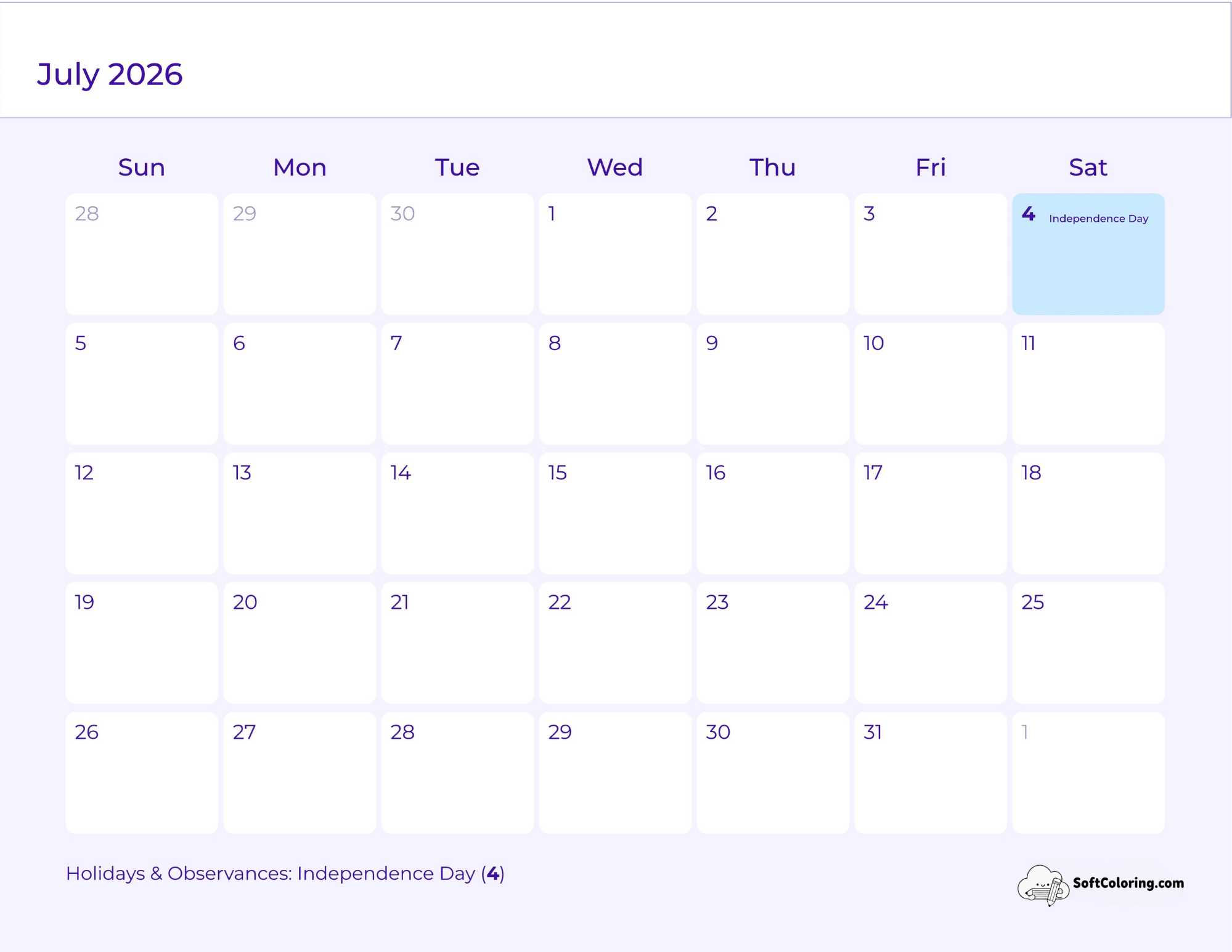Simple Purple 2026 July Printable Calendar To Download