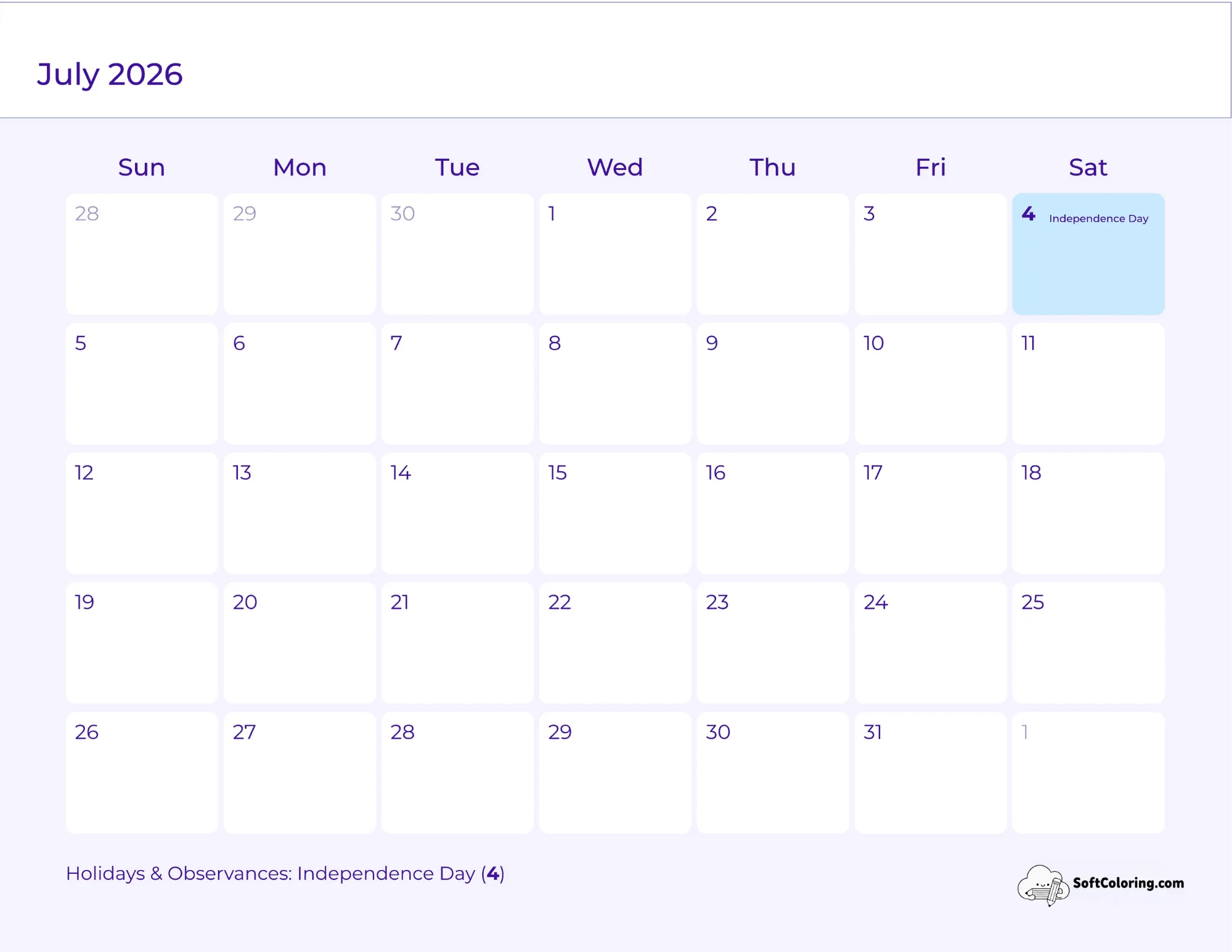 Simple Purple 2026 July Printable Calendar To Download