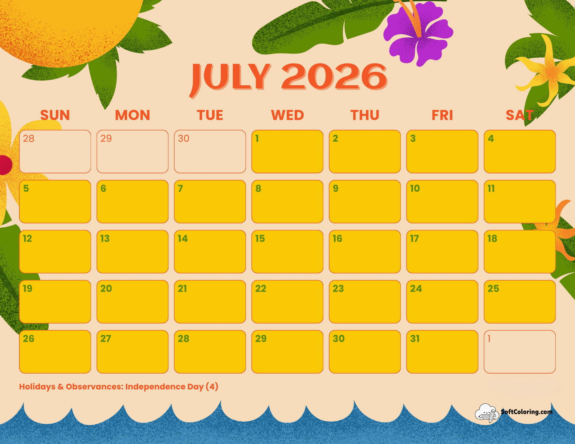 Bright Tropical Florals July 2026 Printable Calendar