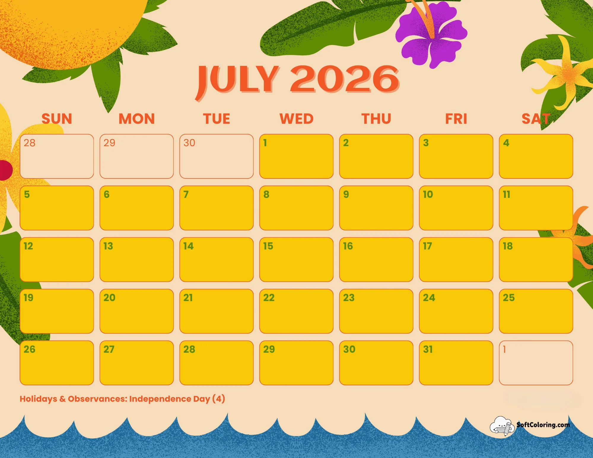 Bright Tropical Florals July 2026 Printable Calendar