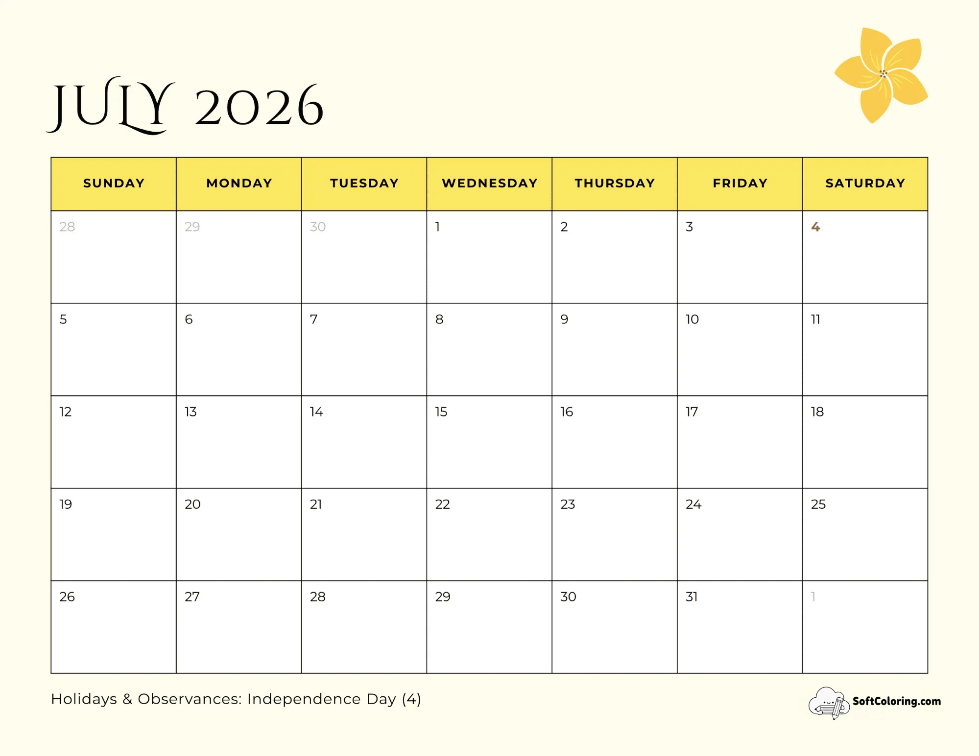 Simple Summer Flower July 2026 Calendar To Download