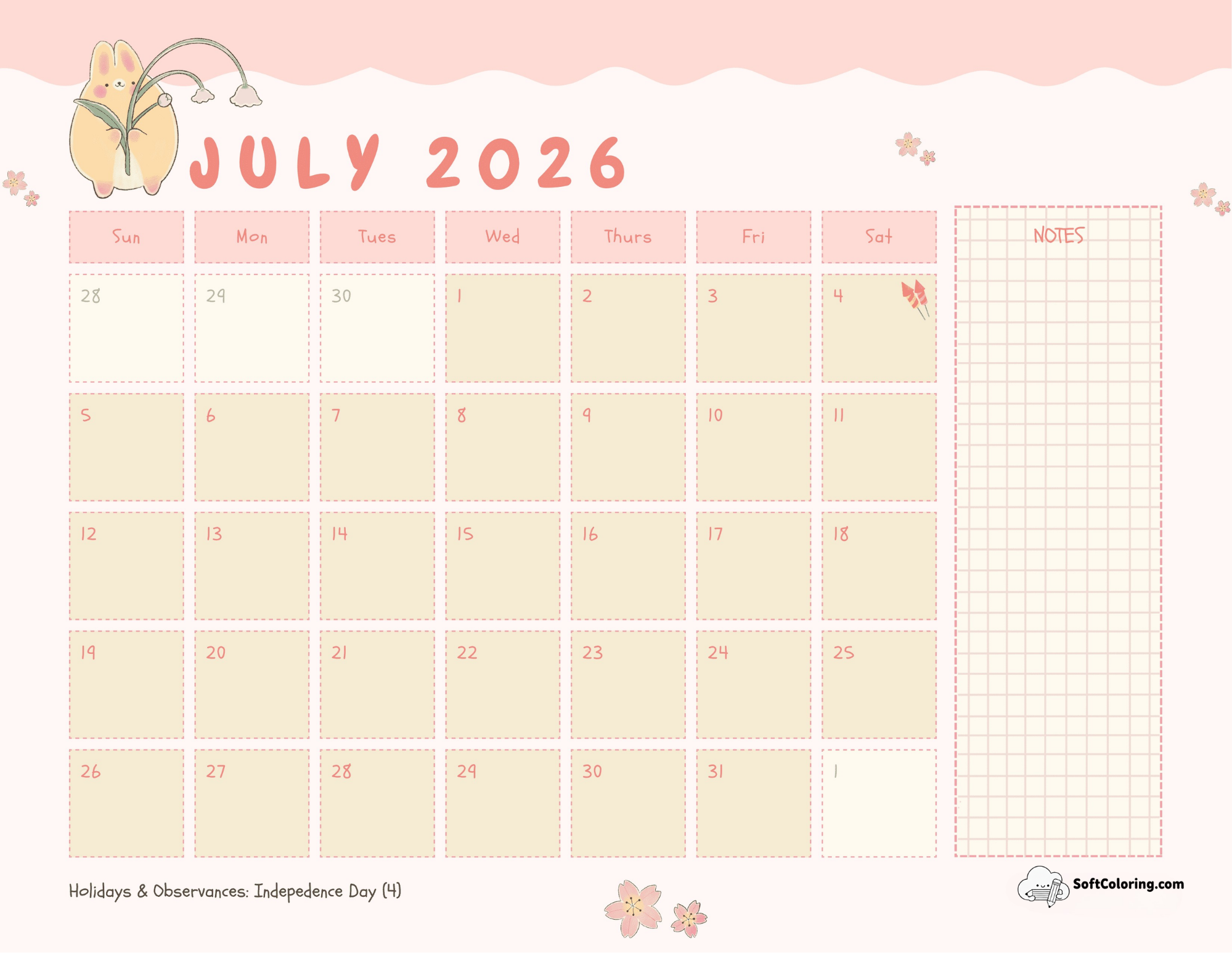Cute Bunny July Printable Calendar Template With Notes