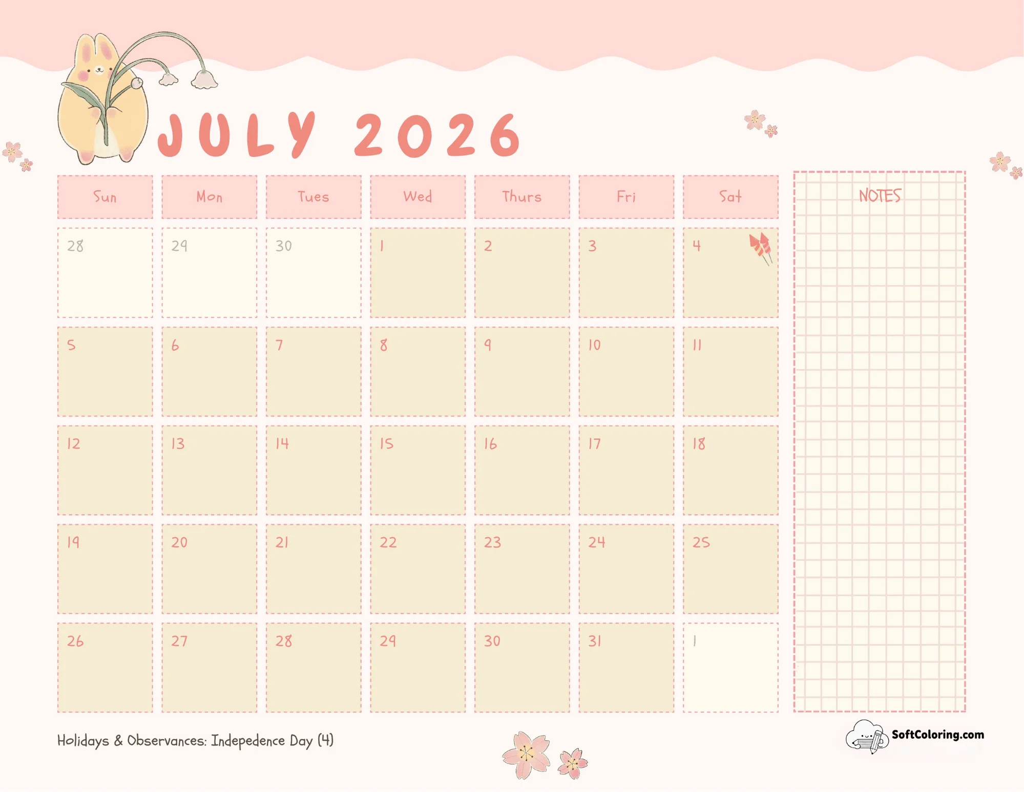 Cute Bunny July Printable Calendar Template With Notes