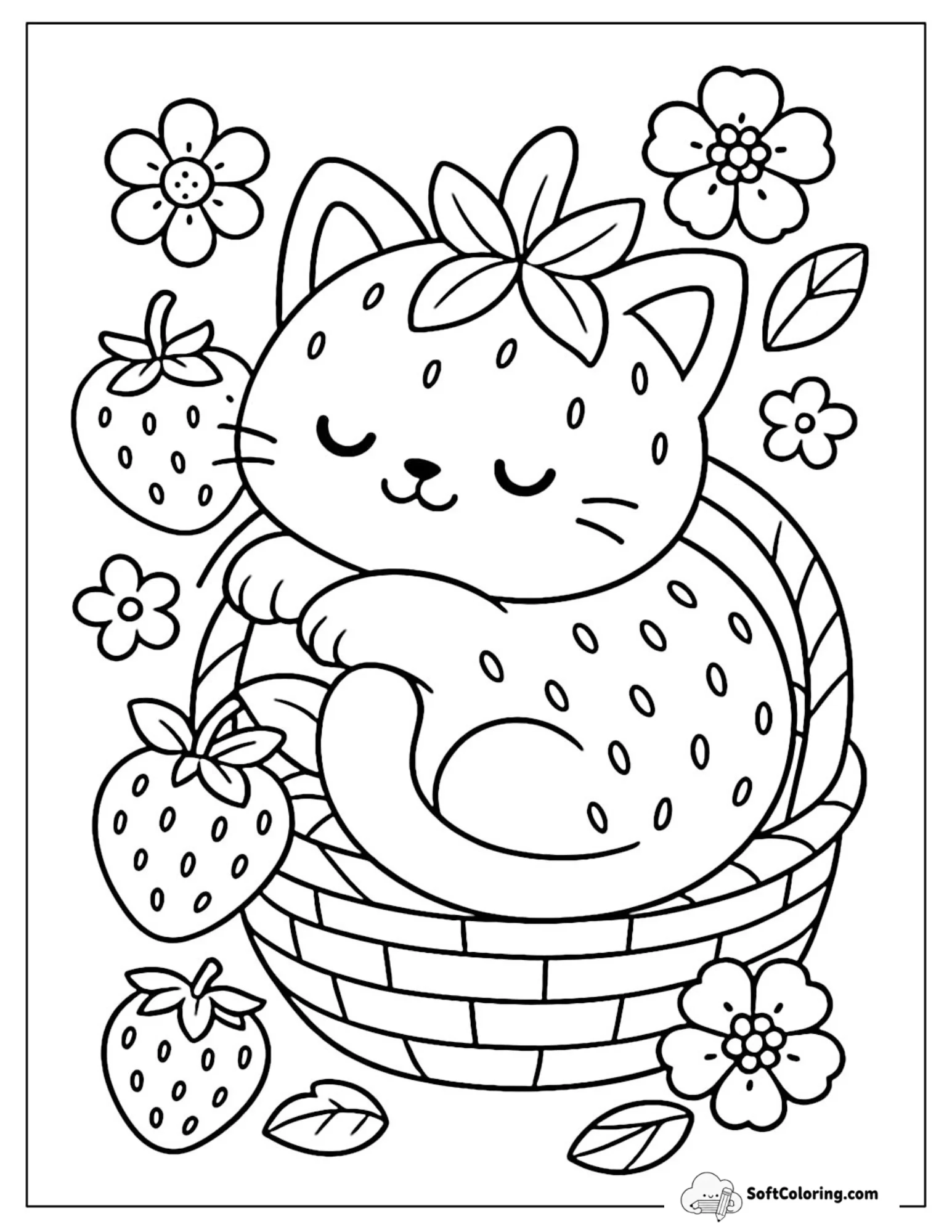 Kawaii Strawberry Cat Curled Up In A Basket With Flowers