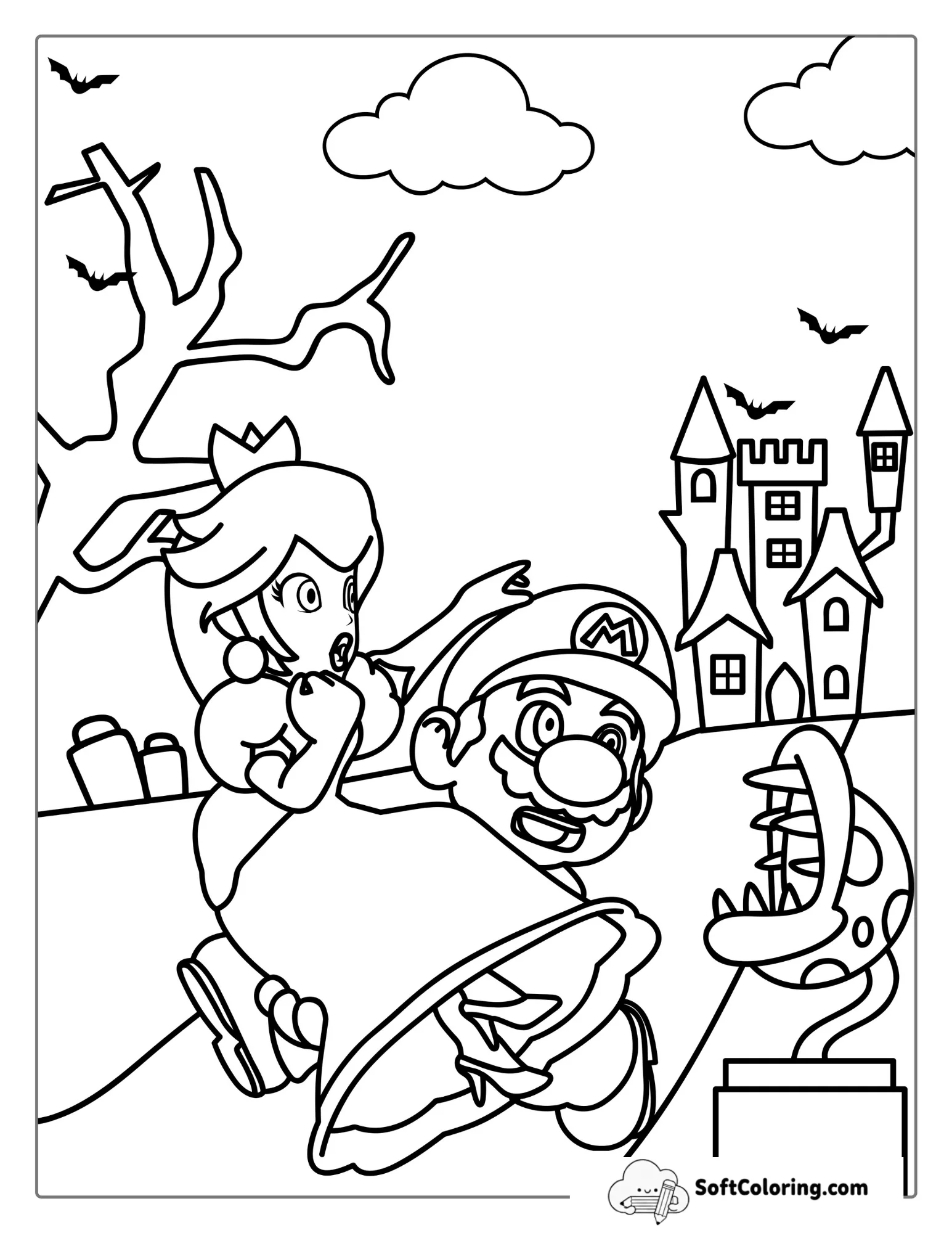 Mario Rescuing Peach From Haunted House Coloring