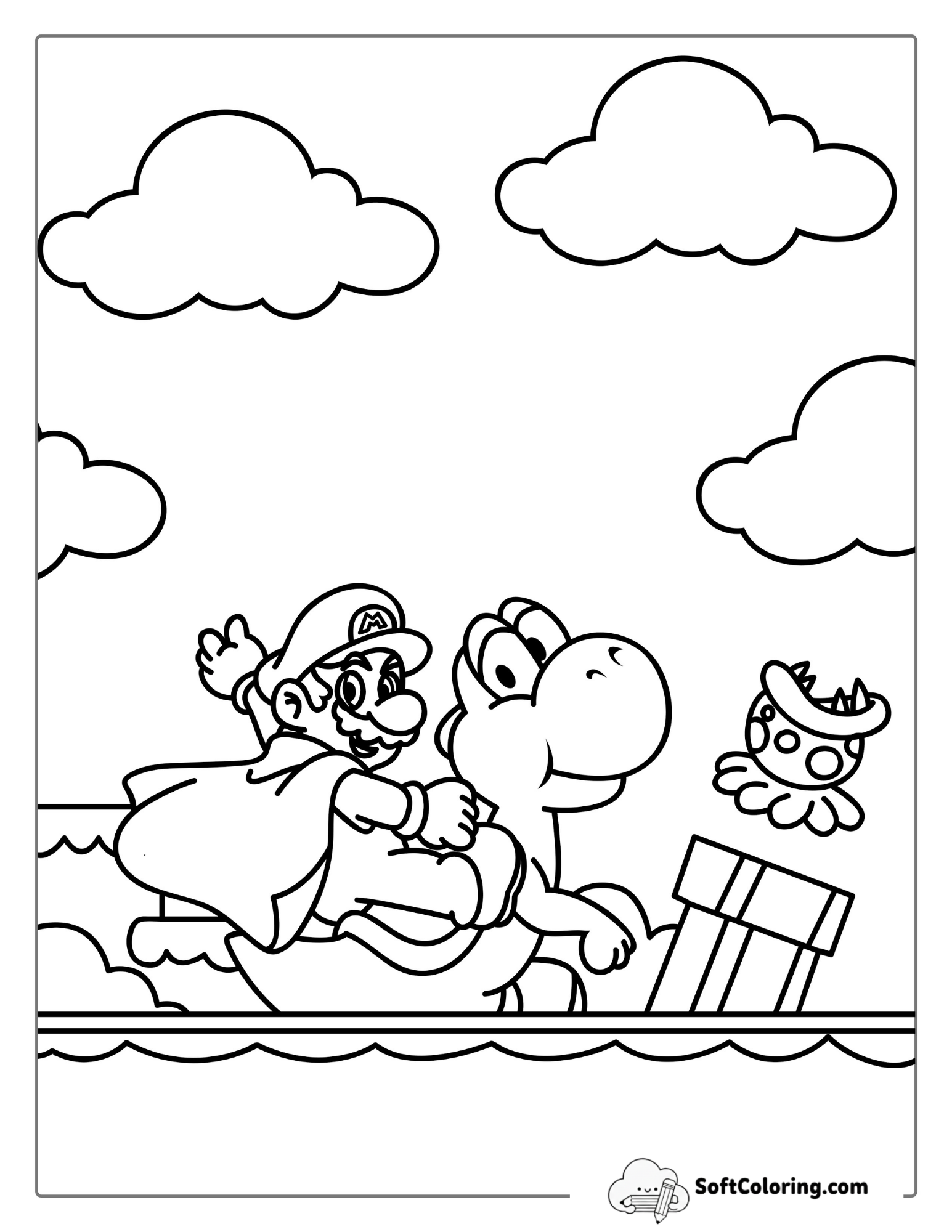 Mario Riding Yoshi Coloring For Kids