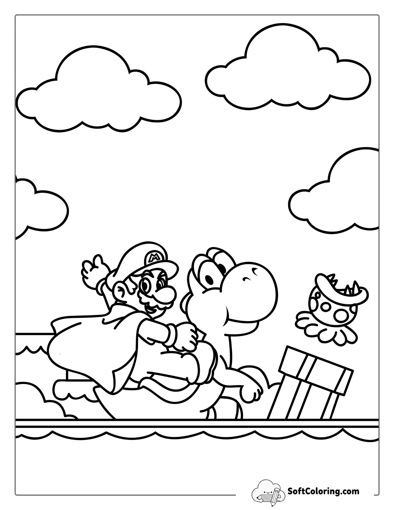 Mario Riding Yoshi Coloring For Kids
