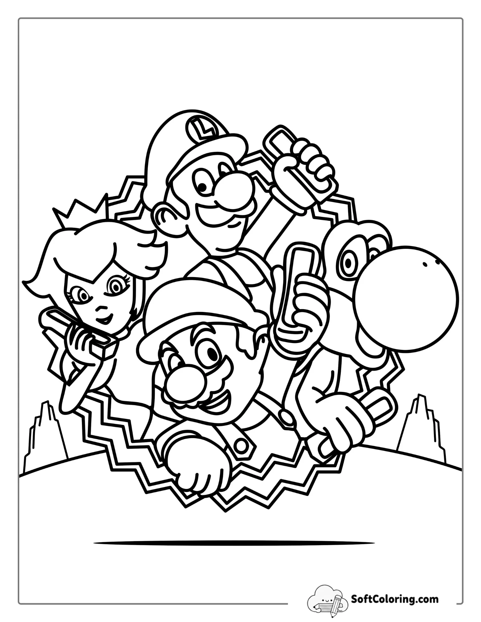 Mario, Yoshi, Luigi And Peach Coloring In