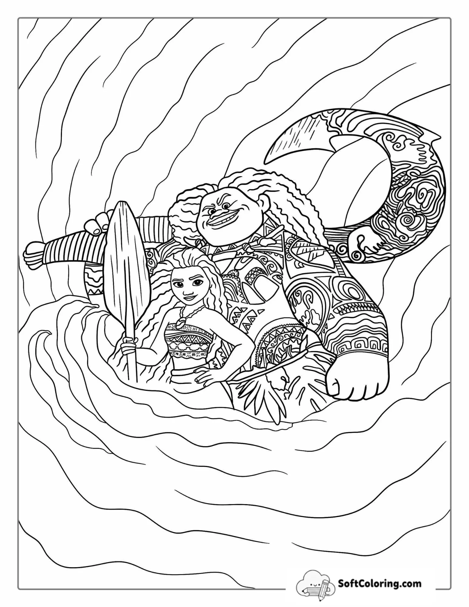Maui And Moana In The Ocean Coloring Page