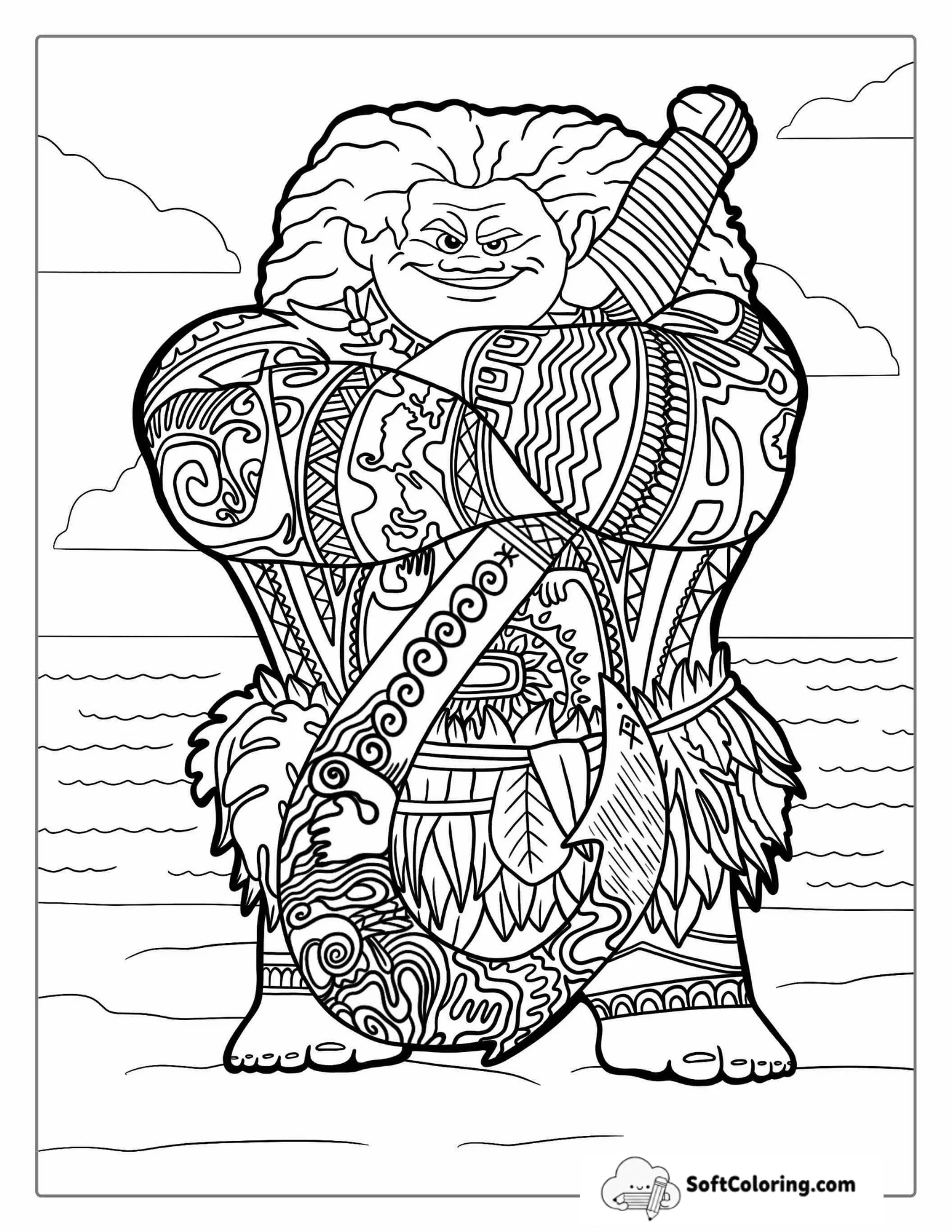 Maui Standing On The Beach With His Fish Hook