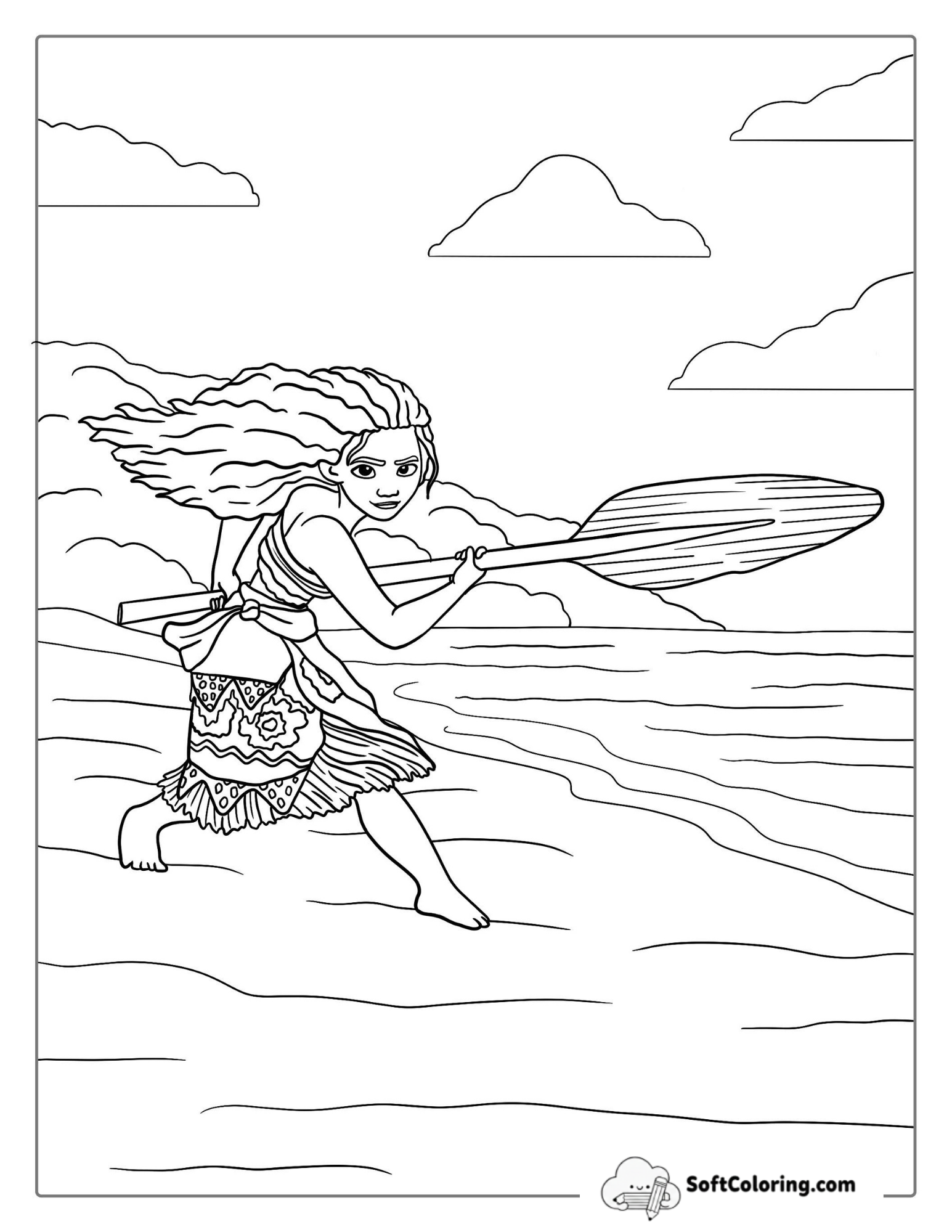 Moana Holding A Canoe Paddle Coloring Sheet