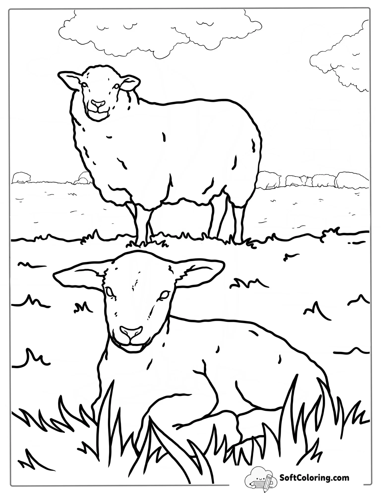 Mother Sheep And Lamp On Grass Coloring