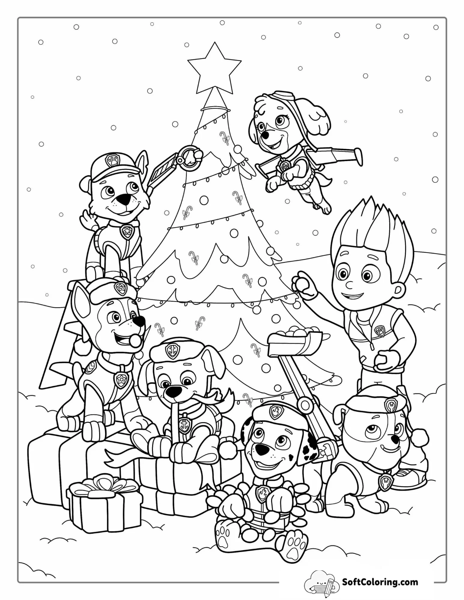 Paw Patrol Dog Around Christmas Tree To Color