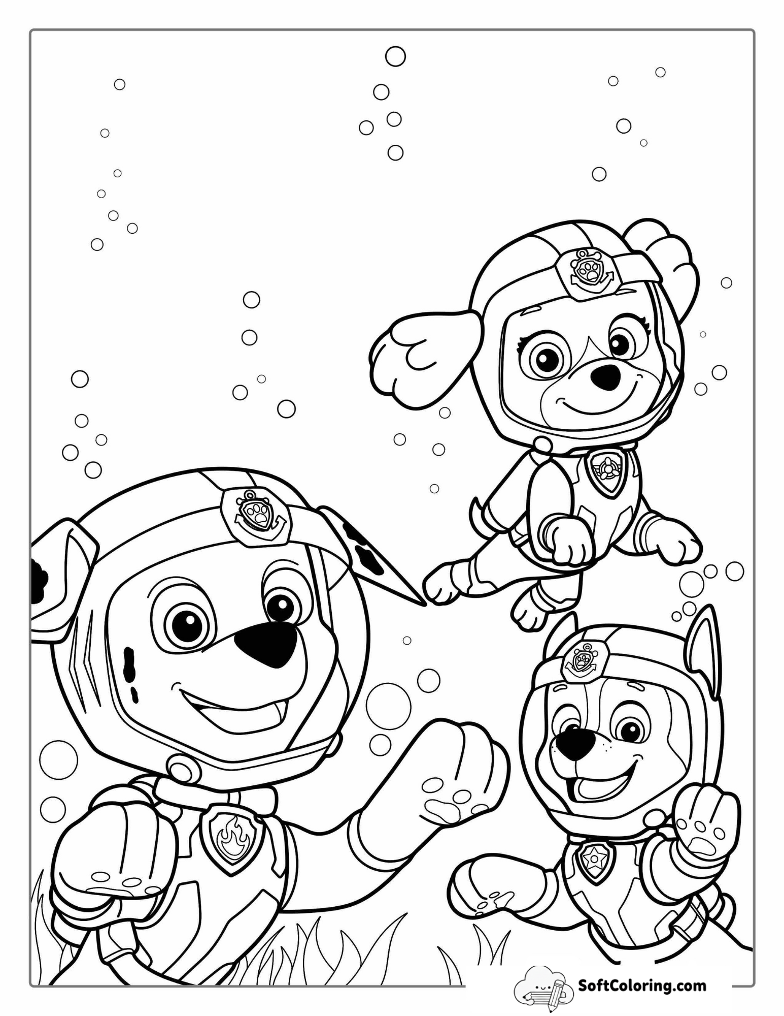 Paw Patrol Dogs Scuba Diving Coloring Page