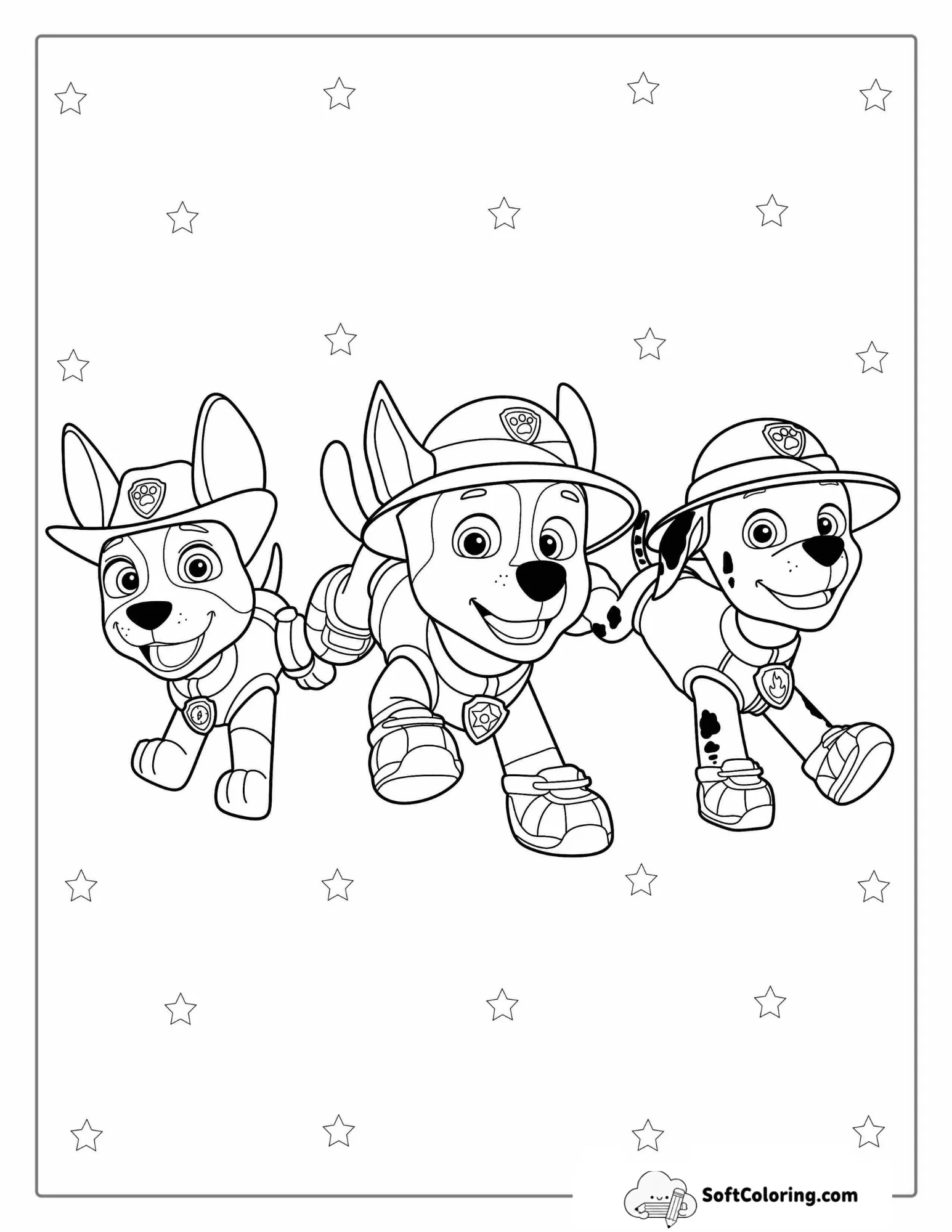 Paw Patrol Pups Tracker, Chase, And Marshall Coloring Page