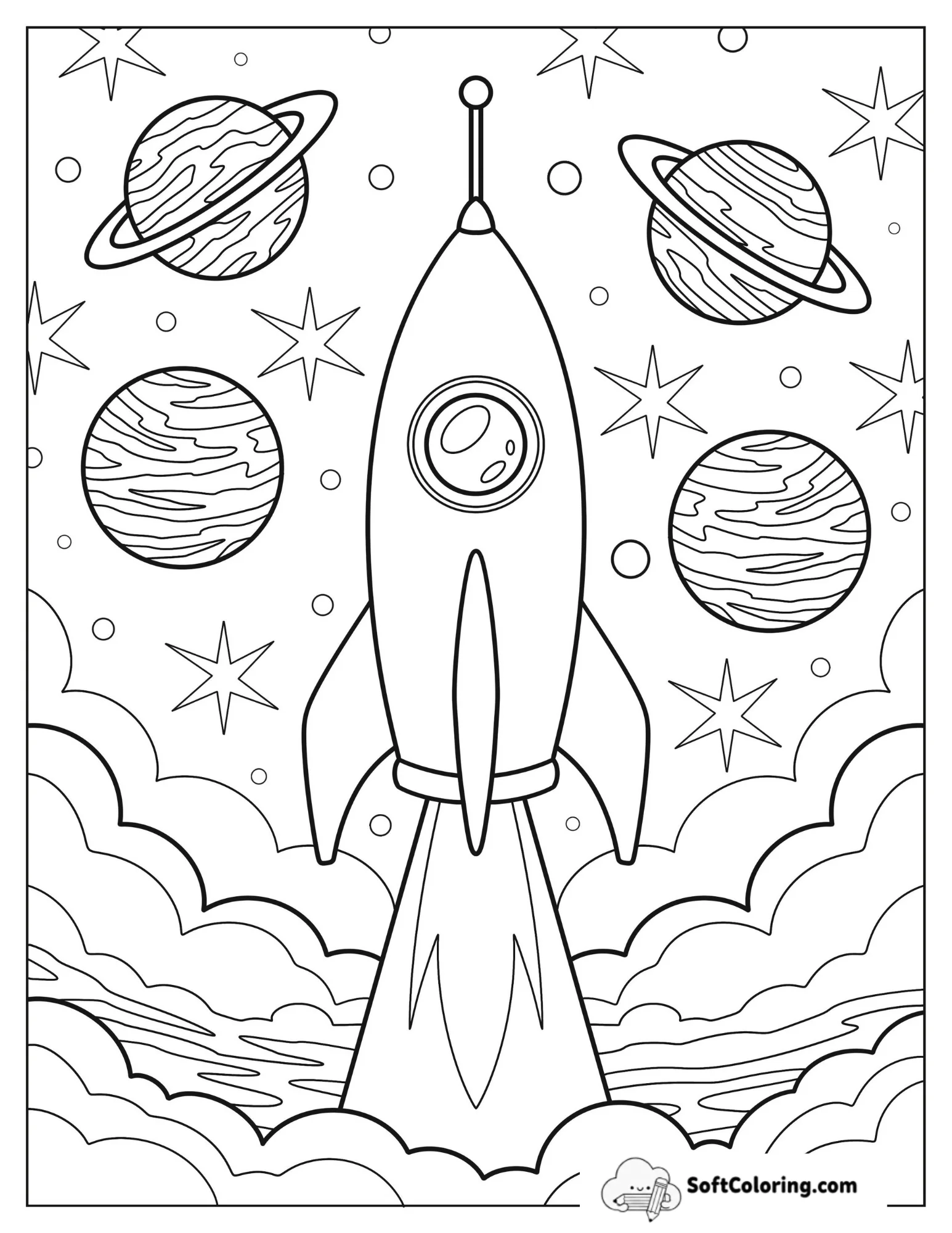 Rocket Blasting Into Space With Four Planets
