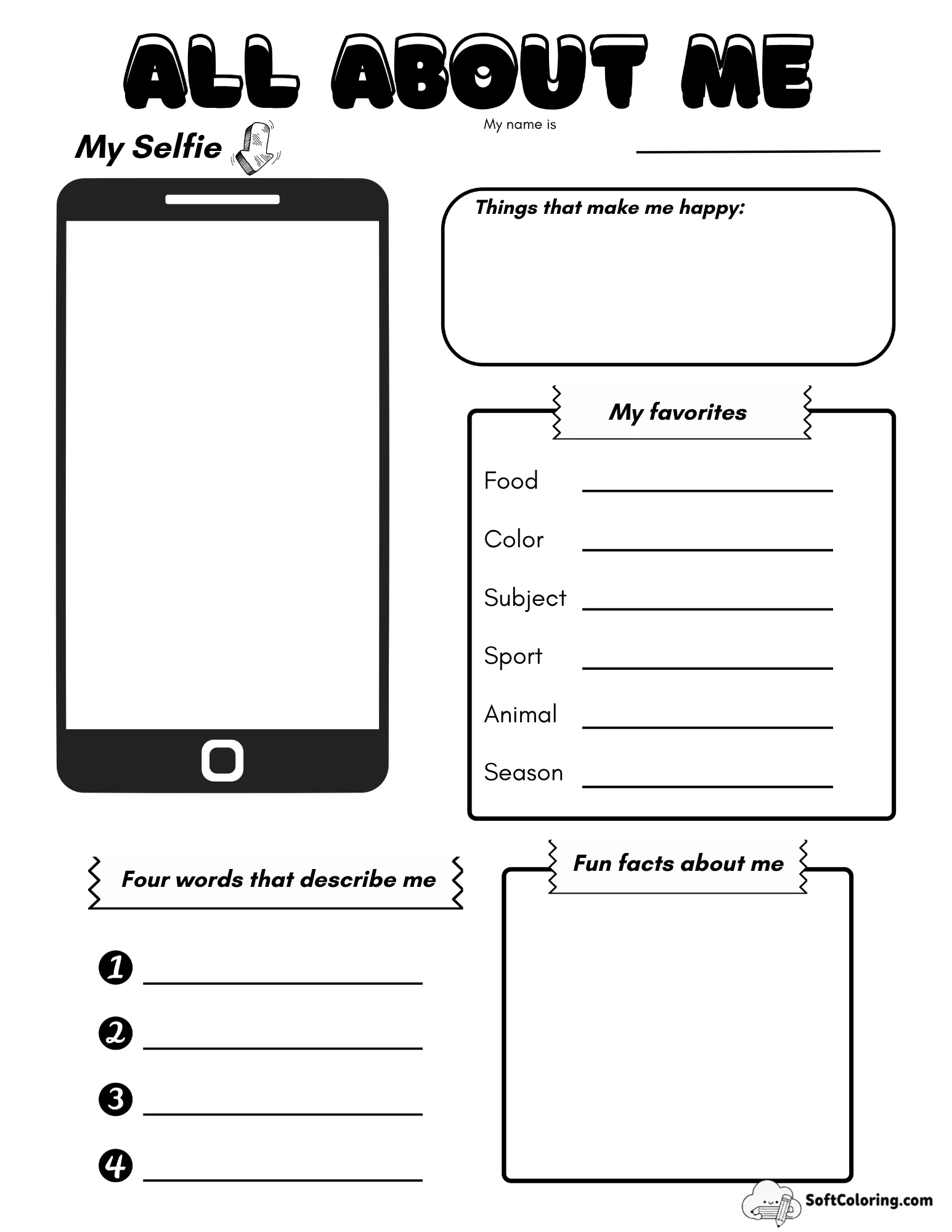 Selfie All About Me Printable Worksheet