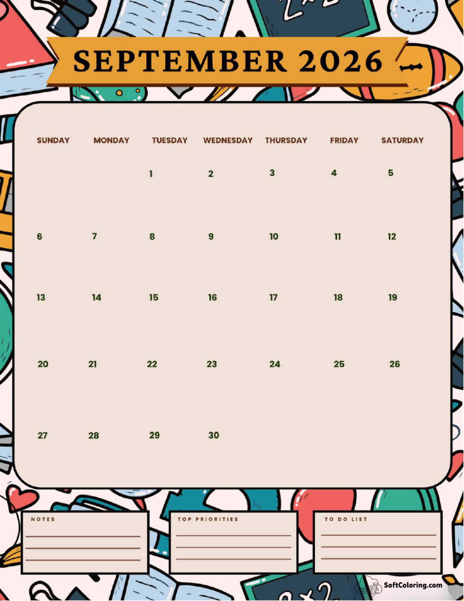 September 2026 Calendar Printable Academic Portrait V2