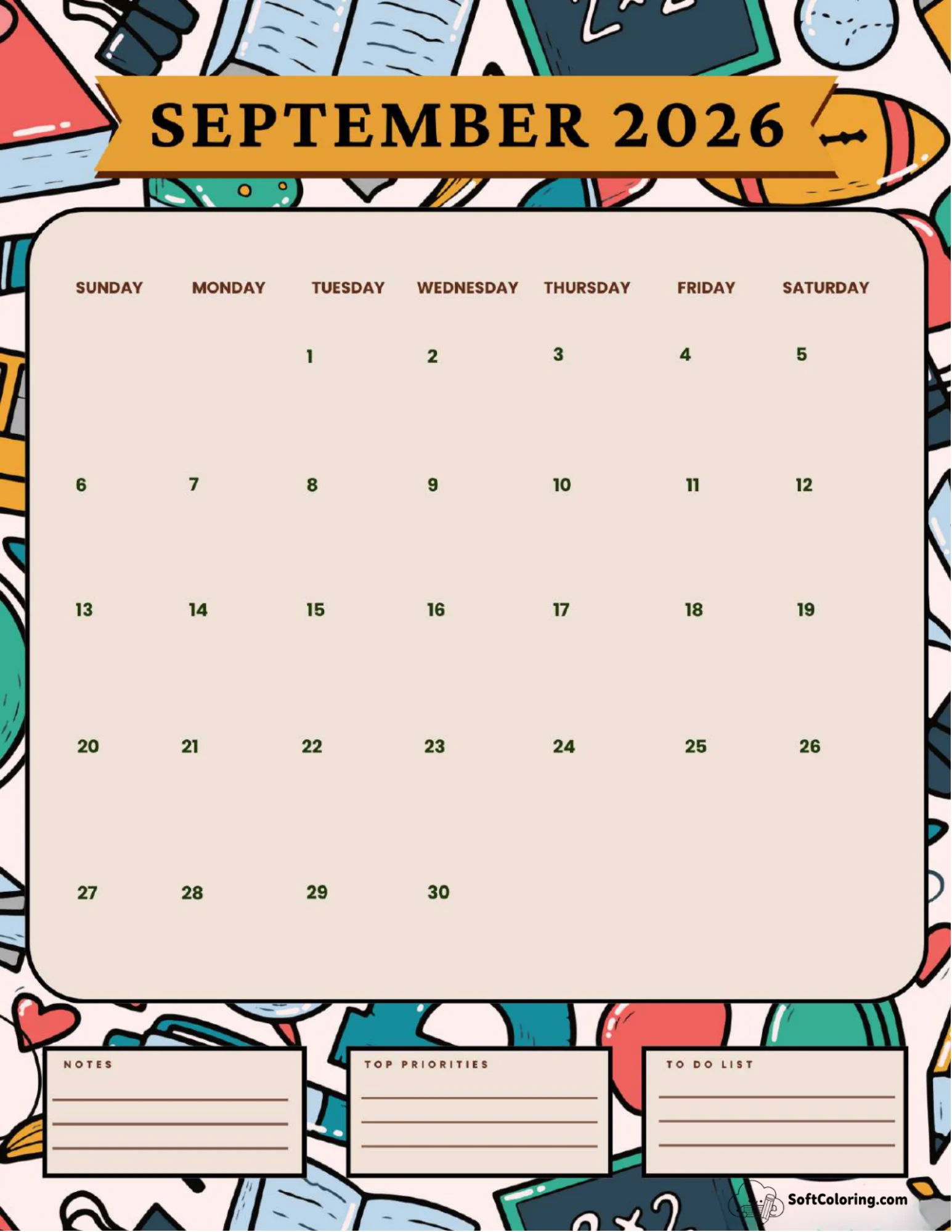 September 2026 Calendar Printable Academic Portrait V2