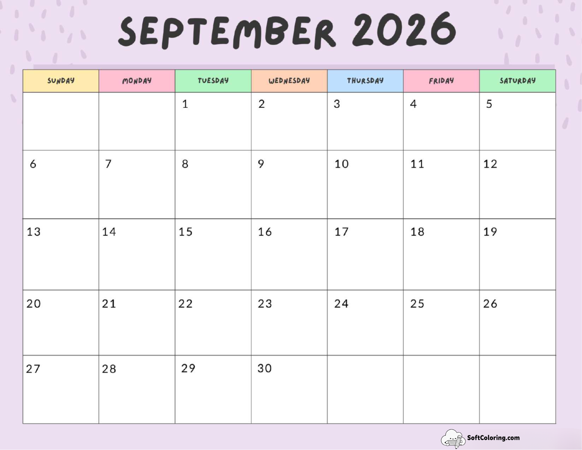 September 2026 Calendar Printable Colorful Landscape