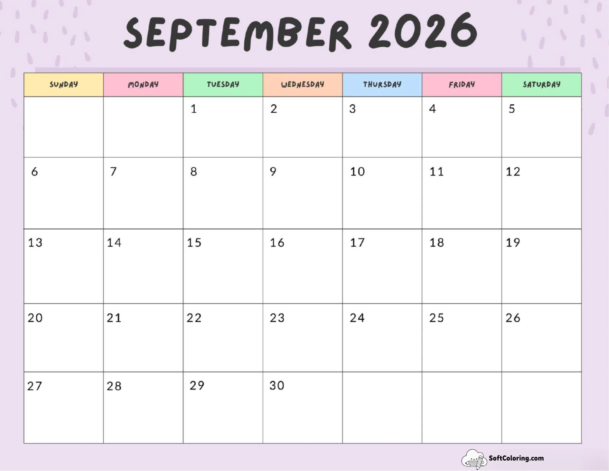September 2026 Calendar Printable Colorful Landscape