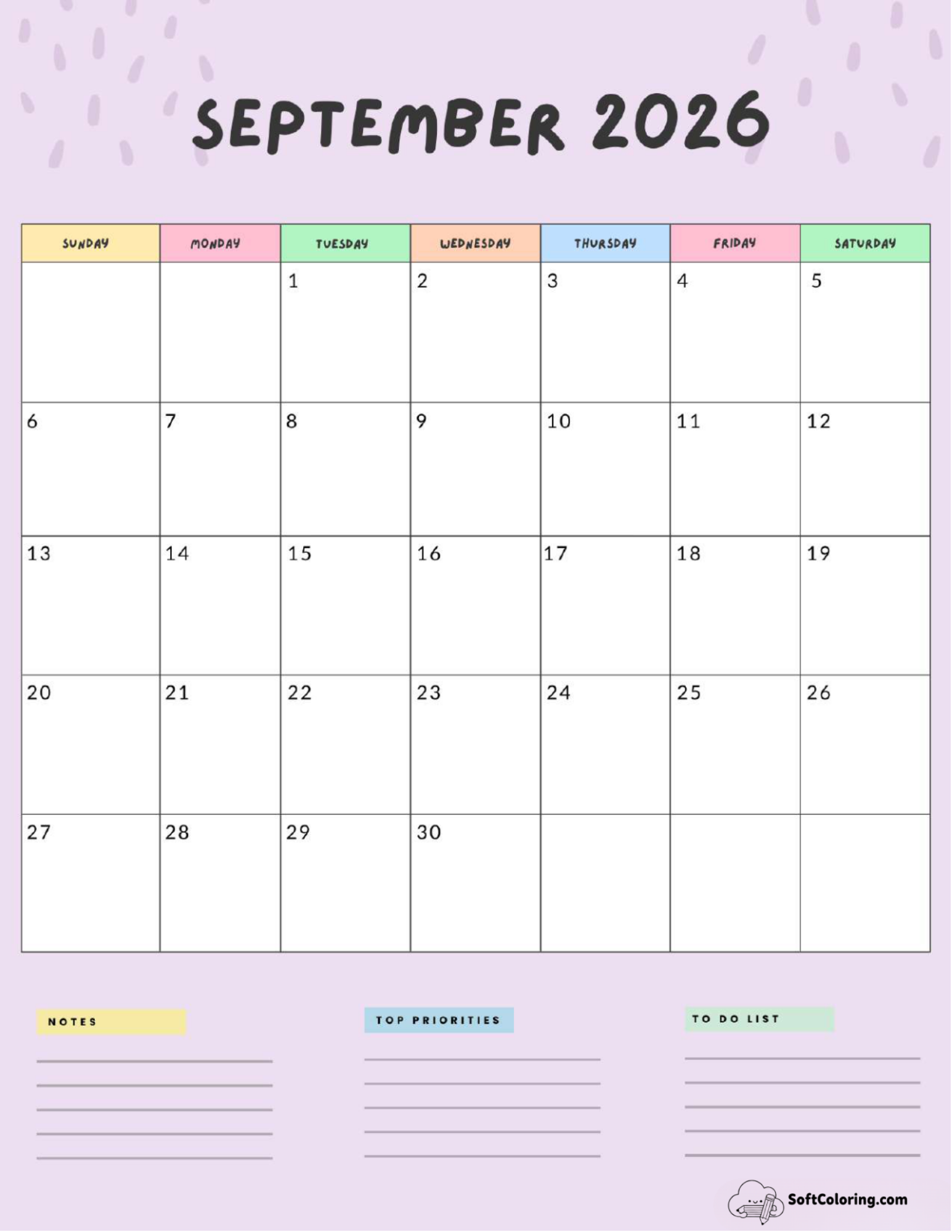 September 2026 Calendar Printable Colorful Portrait V2