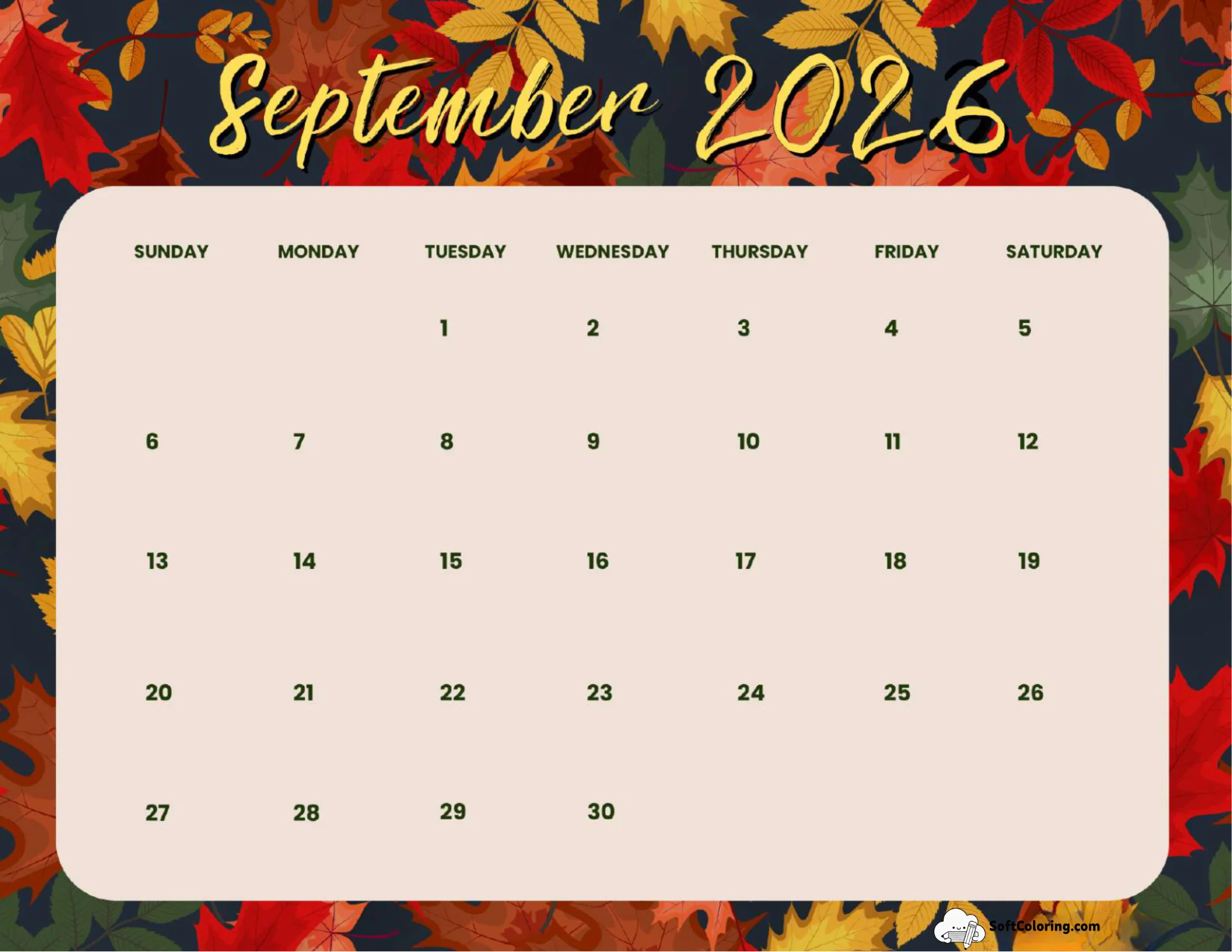 September 2026 Calendar Printable Fall Landscape V2