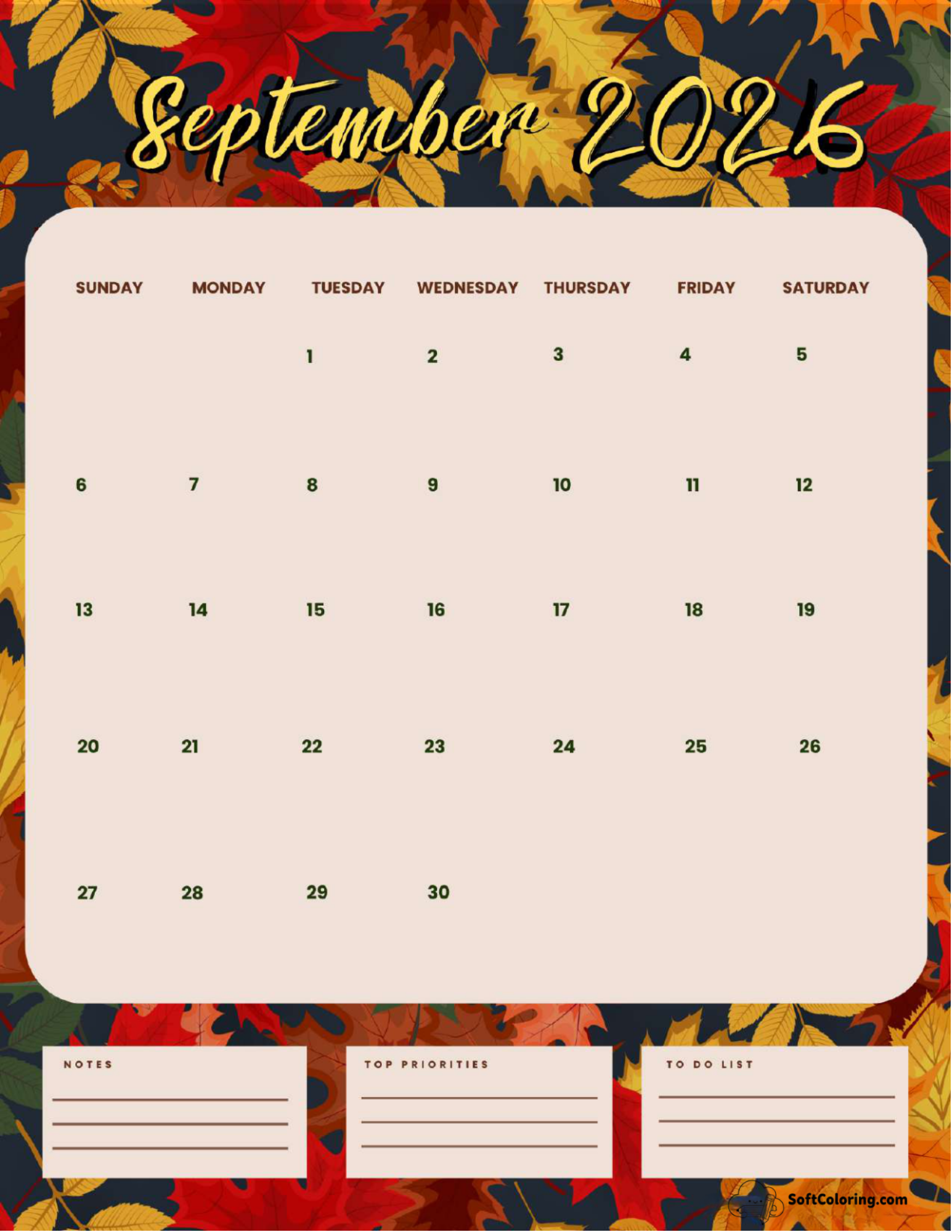 September 2026 Calendar Printable Fall Portrait V2