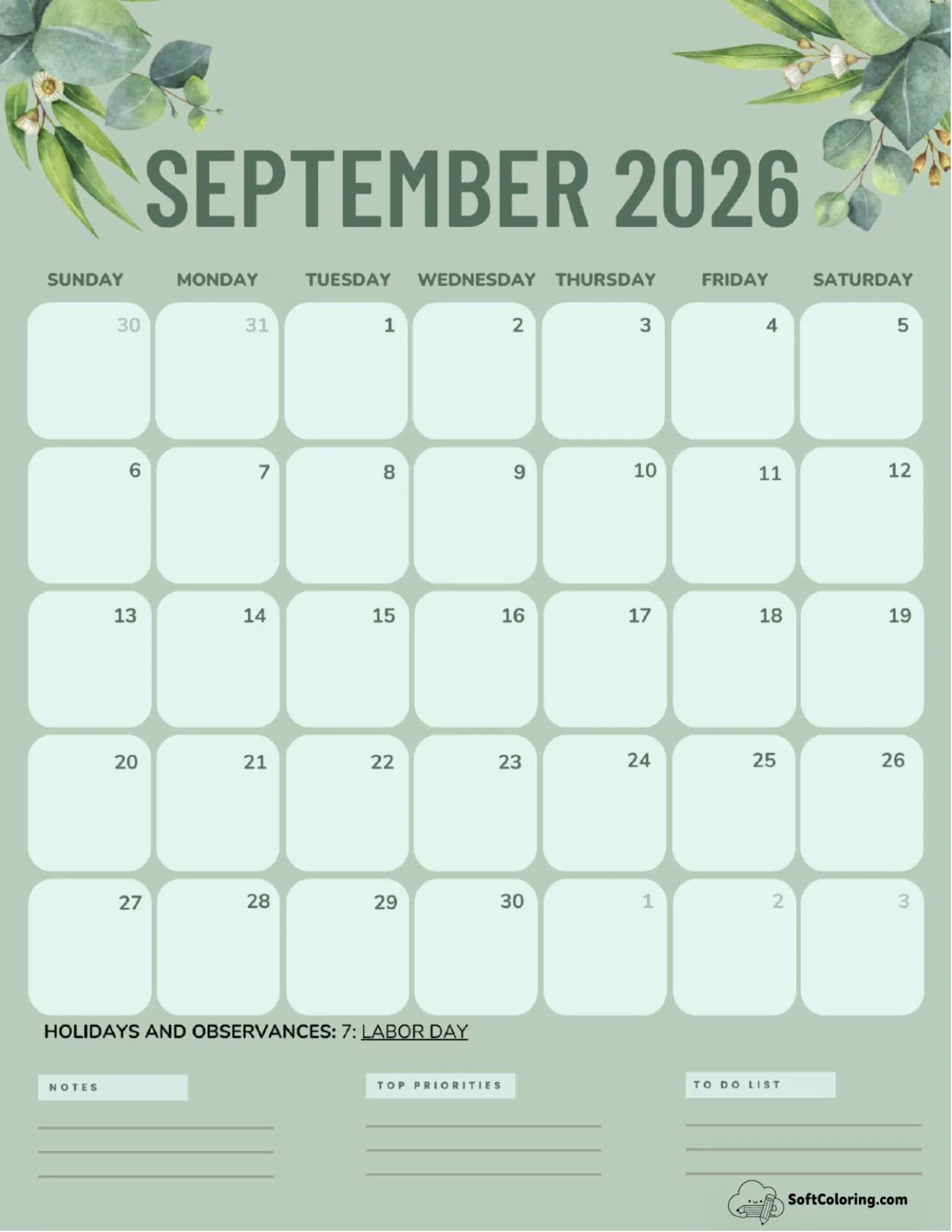 September 2026 Calendar Printable Green Portrait