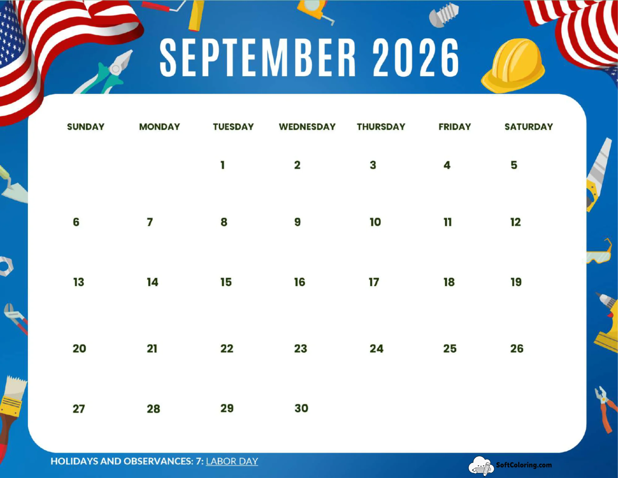 Calendar Printable Labor Day 2 Landscape