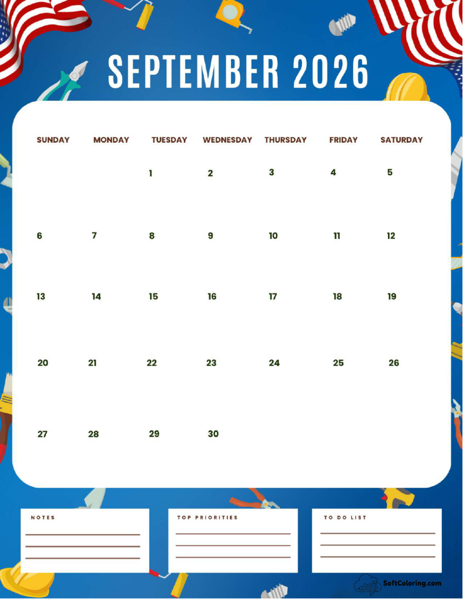 September 2026 Calendar Printable Labor Day 2 Portrait V2