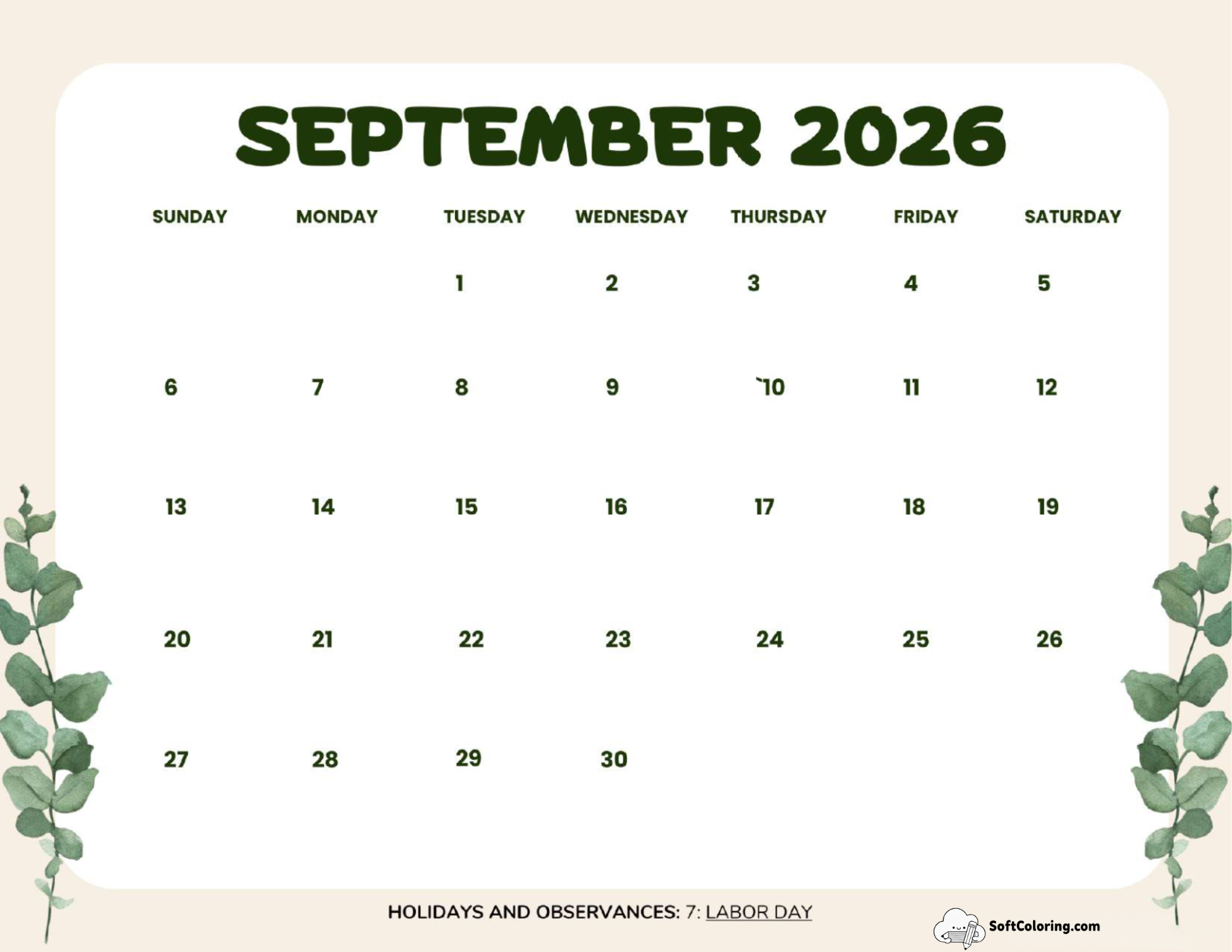 September 2026 Calendar Printable Leaves Landscape