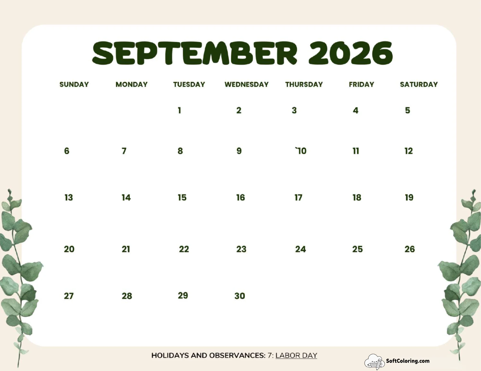 September 2026 Calendar Printable Leaves Landscape