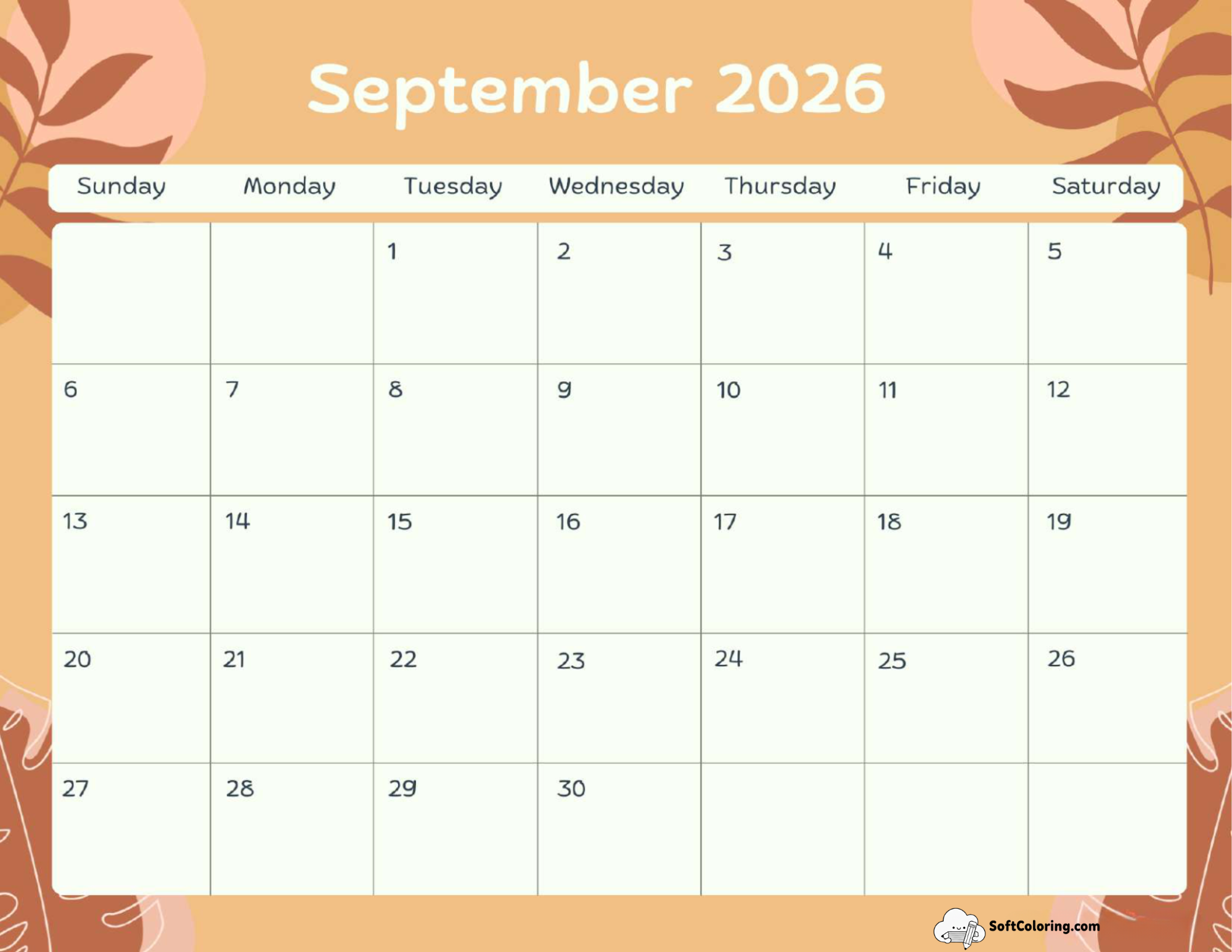 September 2026 Calendar Printable Terracotta Portrait V2