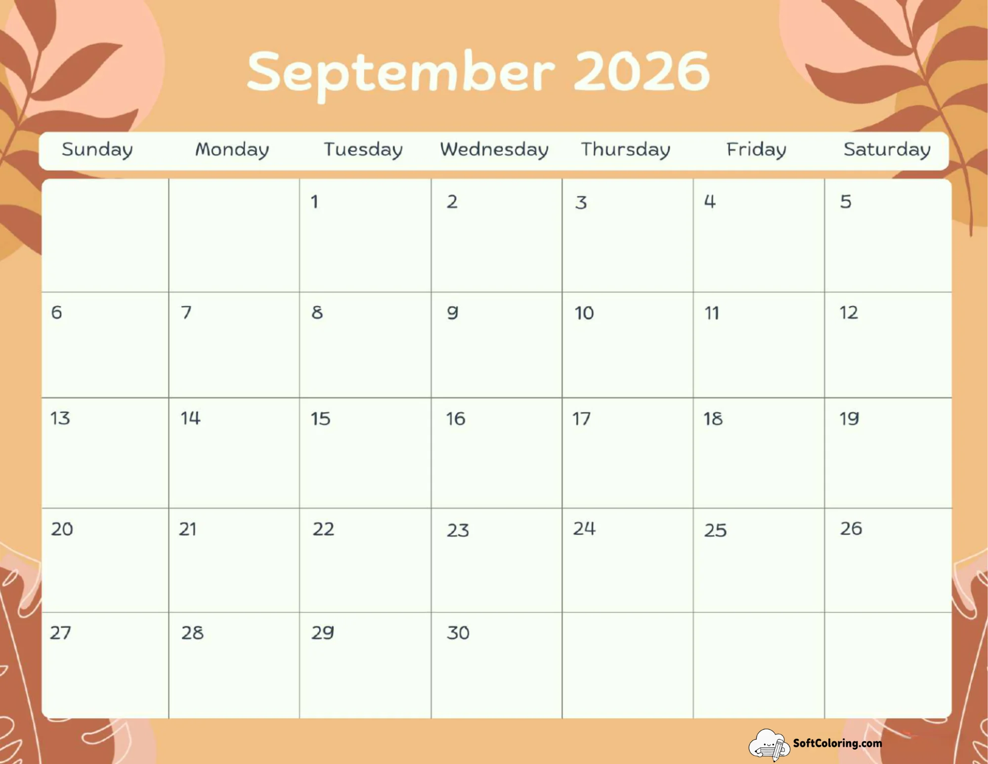 September 2026 Calendar Printable Terracotta Portrait V2